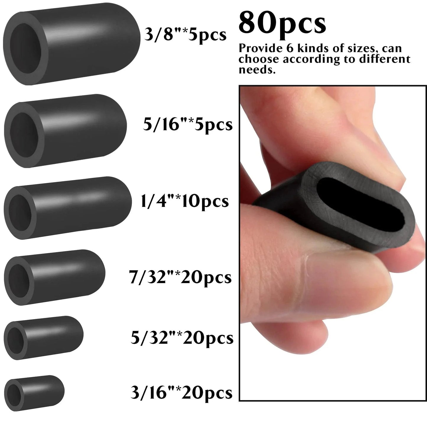 Vacuum Hose Caps Set With 80 Pieces, Six Size Assortment In Black Rubber For Automotive Vacuum Lines, shown with size options
