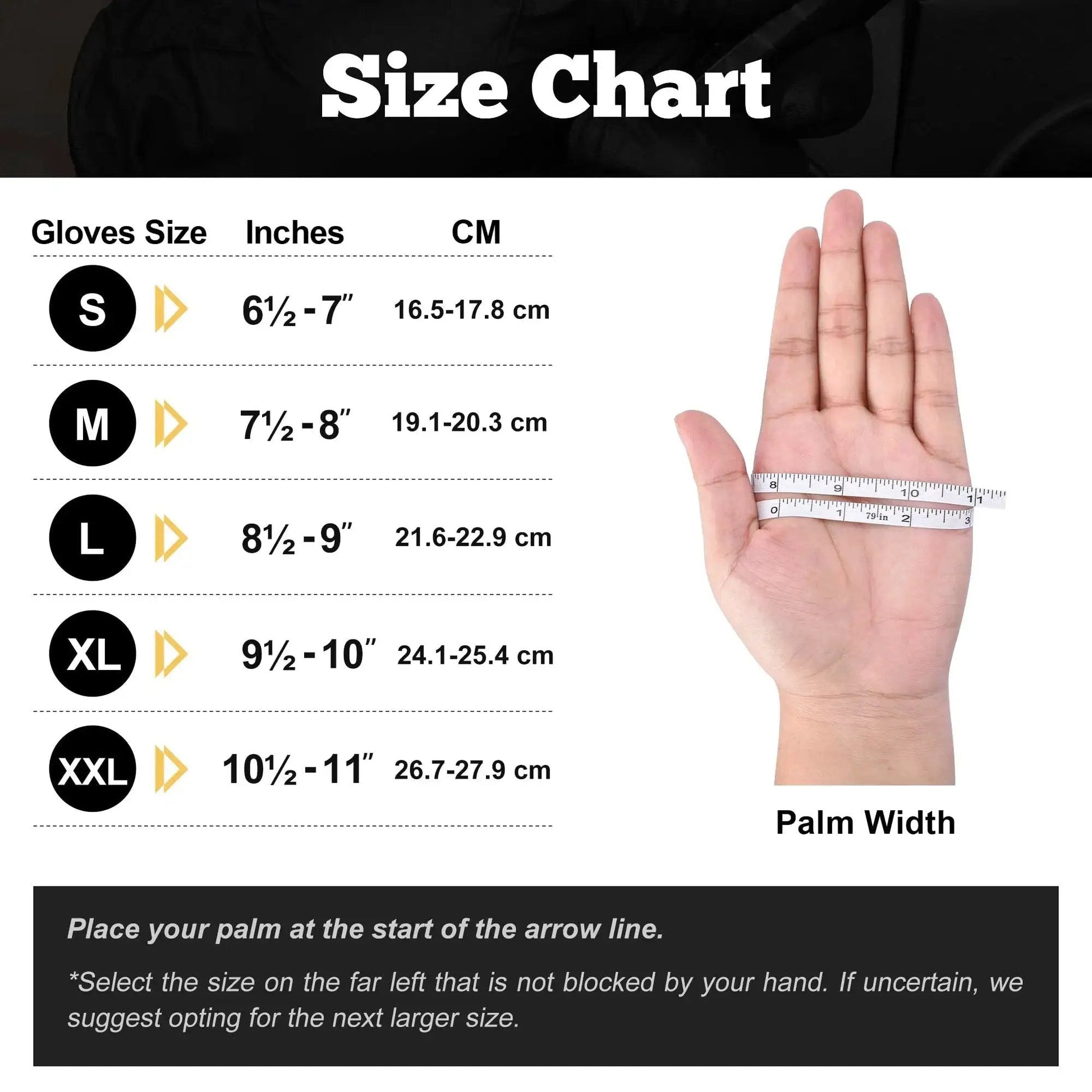 Size chart for 6 Mil Nitrile Gloves Textured Medium 100 Count Powder Free For Food Prep showing palm width measurements.