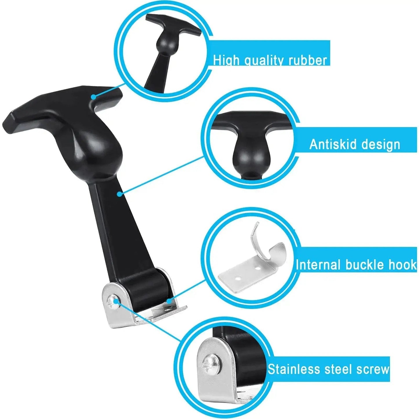 Elastic Rubber Hood Latch Set With Stainless Brackets And T Handle featuring details of antiskid design and internal buckle hook.