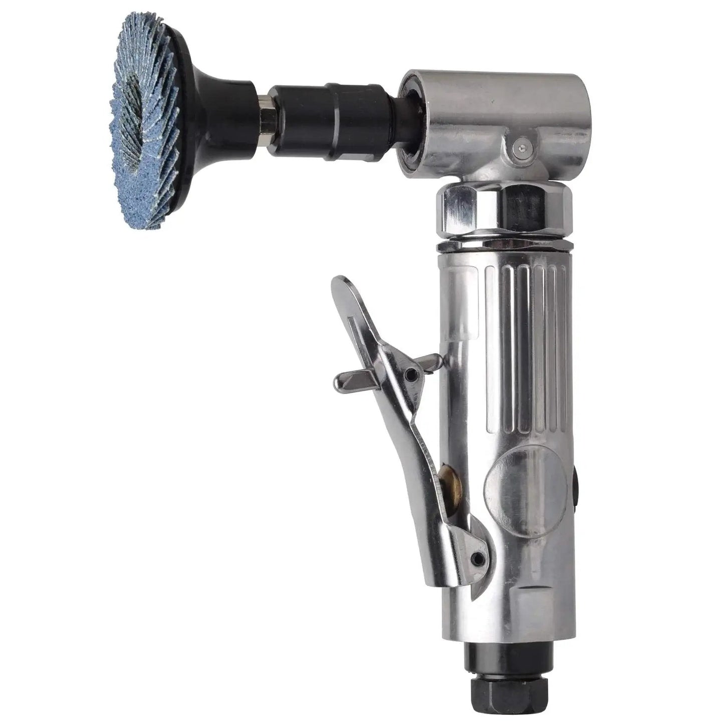 1/4 Inch Angle Air Die Grinder Kit With 22 Piece 2 Inch Roll Lock Sanding Discs Pro Grade Polished Color Finish 90 Degree Head Up To 20,000 RPM 0.32 HP Pneumatic Grinder For Tight Spaces, side view