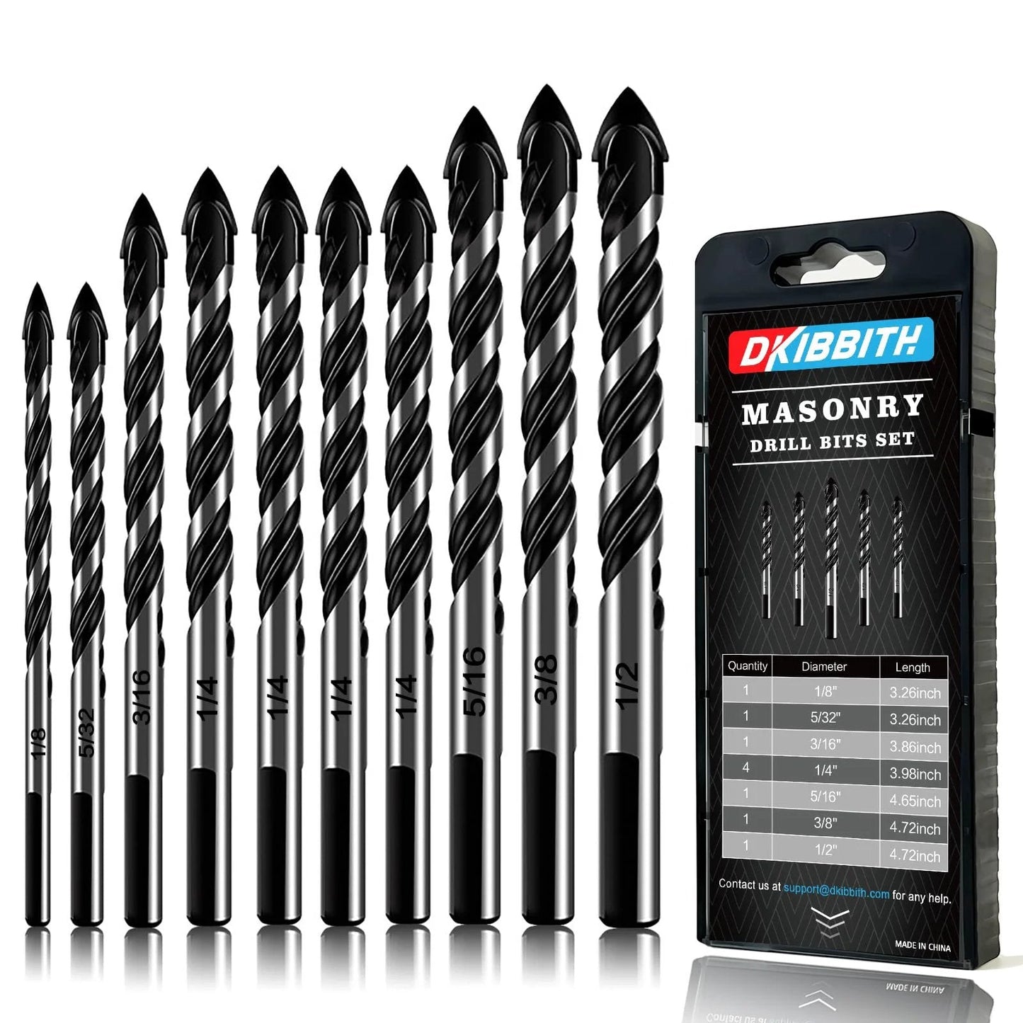 10-Piece Masonry Drill Bit Set for Concrete Tile Glass Ceramic Brick 1 Eighth to 1 Half Inch Heavy Duty Tungsten Carbide Alloy Tip with Triangle Handle and U Type Slot Design Black
