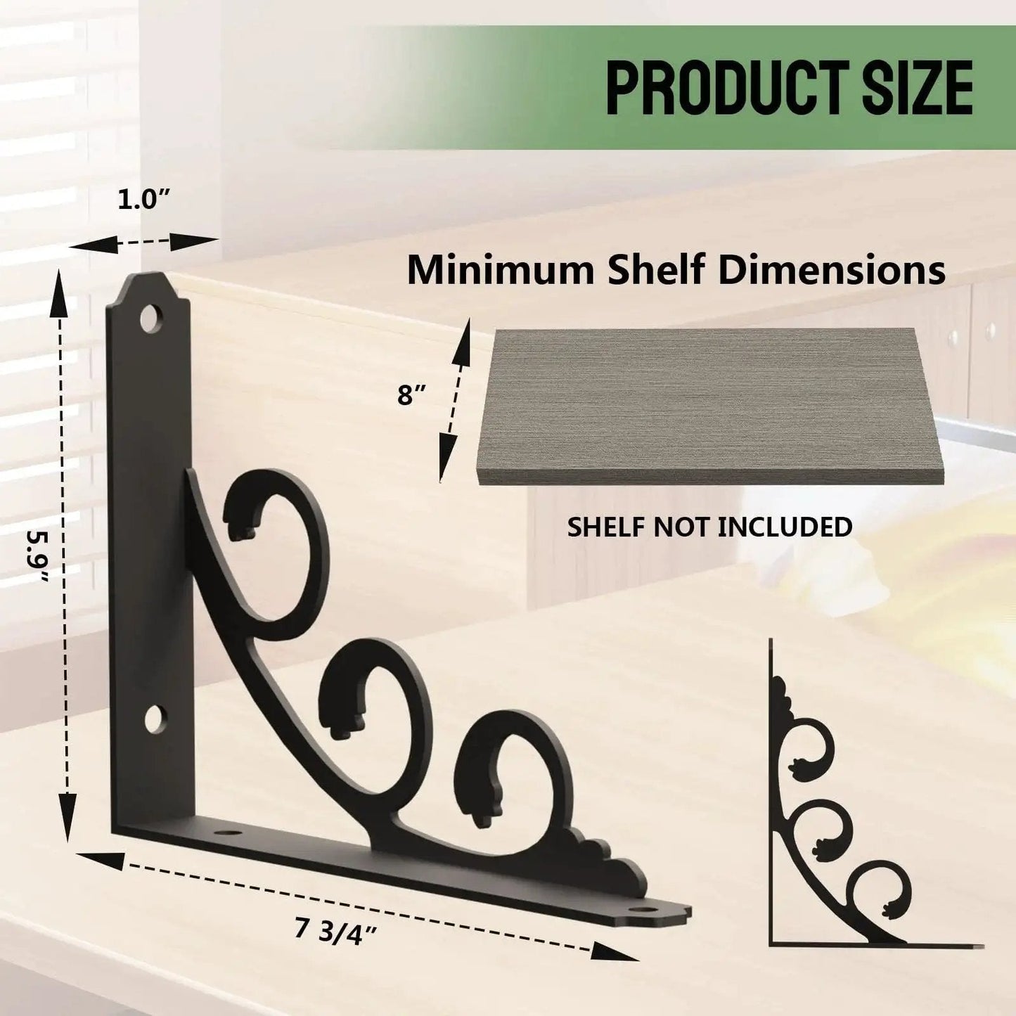 Product dimensions of L Shaped Shelf Brackets For 8 To 10 Inch Boards Heavy Duty Metal Floating Shelf in black with decorative design.