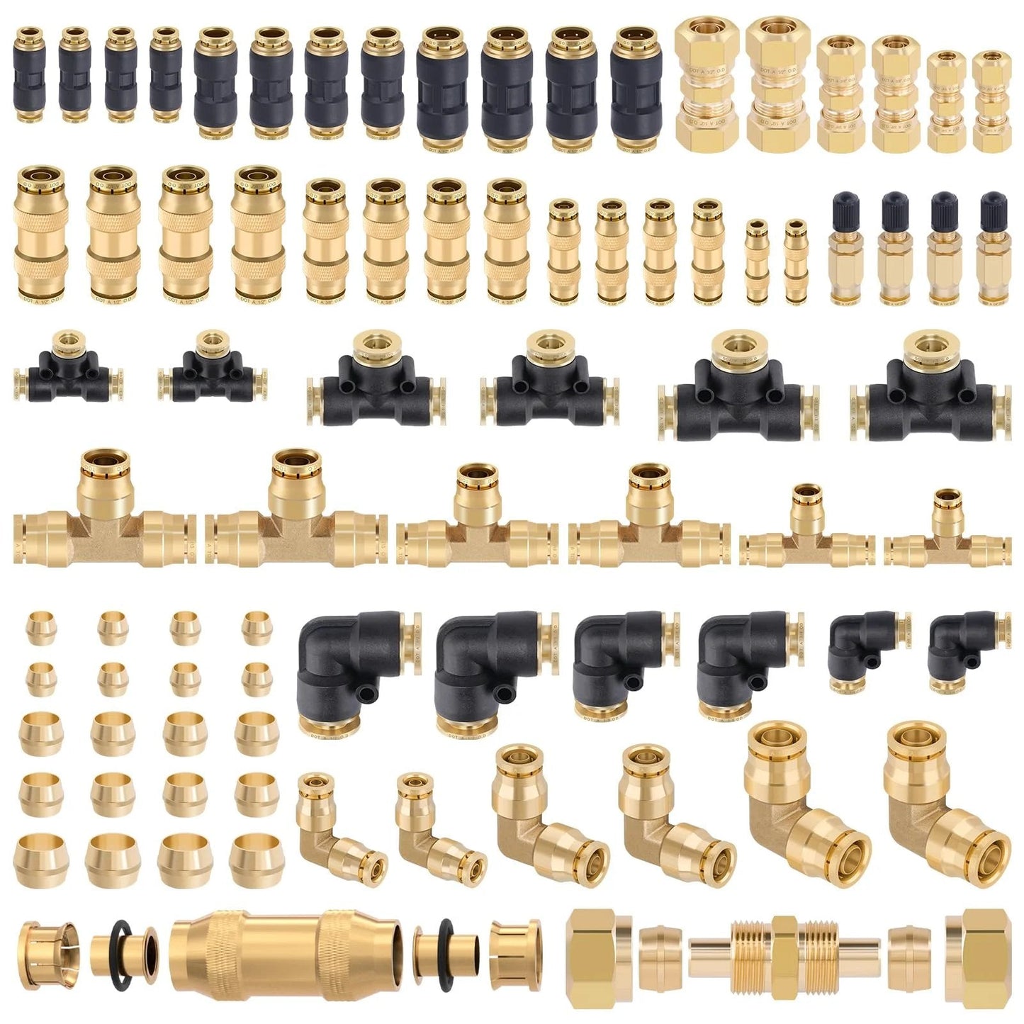 80 Piece Brass DOT Air Line Fittings Kit With Push Lock And Compression Quick Connect Unions For One Eighth Inch To One Half Inch Air Hose Fittings Assortment CheeMuii