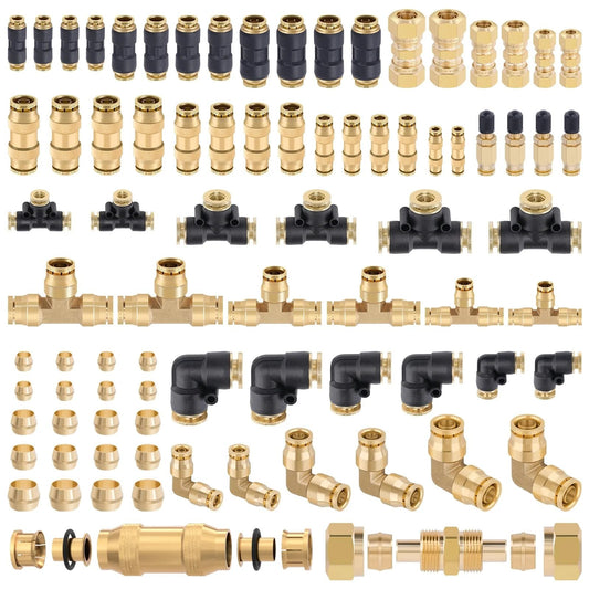 80 Piece Brass DOT Air Line Fittings Kit With Push Lock And Compression Quick Connect Unions For One Eighth Inch To One Half Inch Air Hose Fittings Assortment CheeMuii