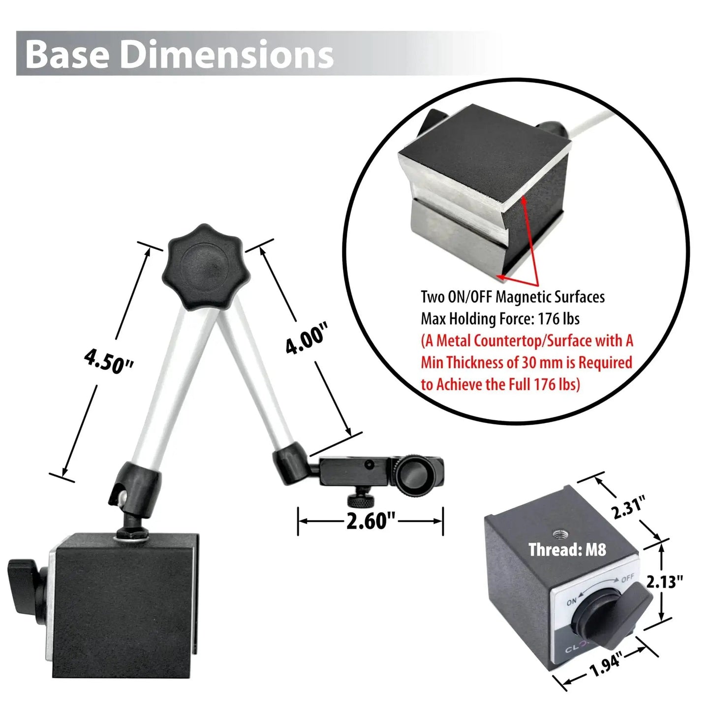 Diagram of Accurate Dial Indicator With Magnetic Base Stand 0 To 1 Inch Range And 0.001 Inch Resolution DIMR-0105 dimensions and features.