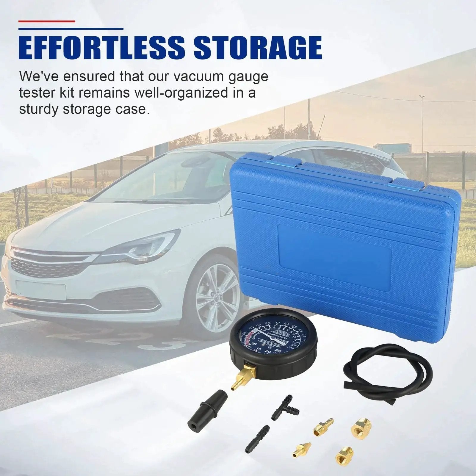Vacuum And Fuel Pump Tester Kit For Engine Pressure And Carburetor Diagnostics with blue storage case and components