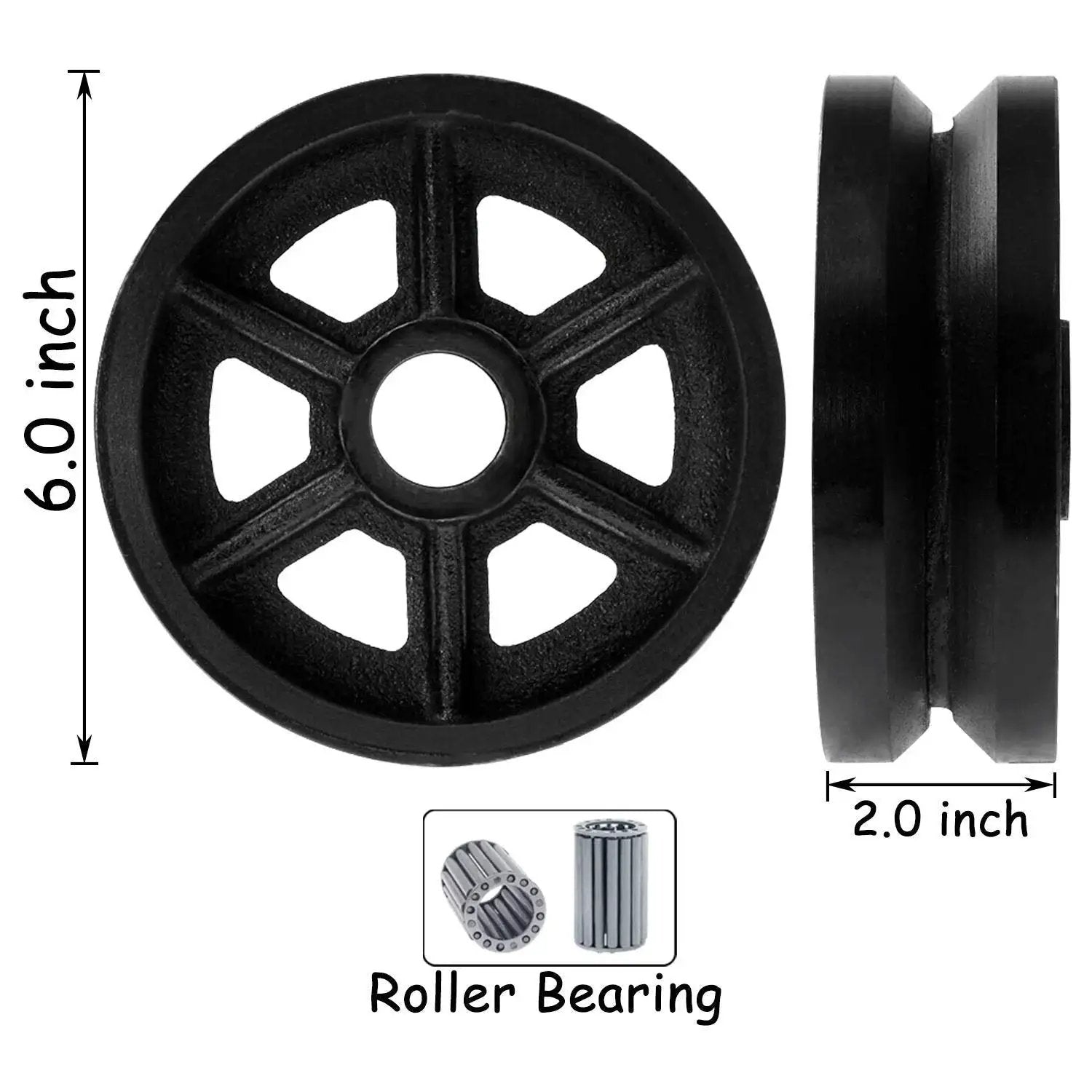 Side and front view of Beefy Heavy Duty Cast Iron V Groove Caster Wheels 6 inch diameter by 2 inch width with roller bearing detail.