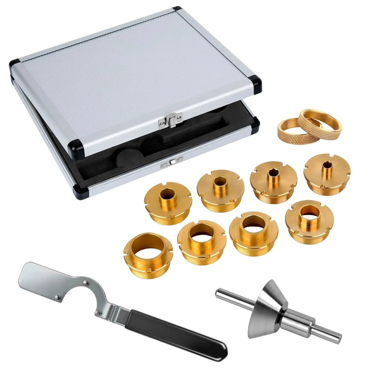 Pro Grade 13 Piece Brass Router Templates Bushing Guide Set With Locking Wrench Centering Pin And Aluminum Case for precise routing