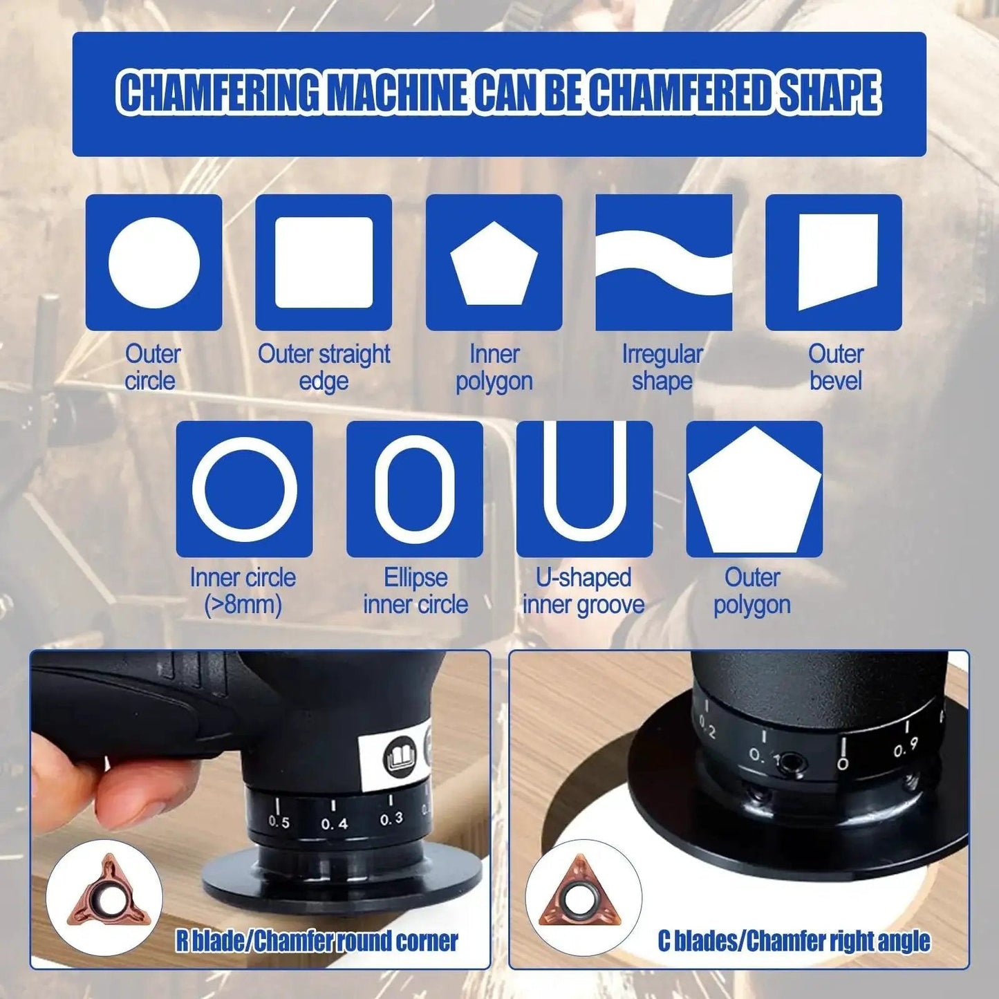 Chart showing chamfering shapes and close-up of black pneumatic chamfering tool with adjustable 0.1 to 0.9mm depth settings.