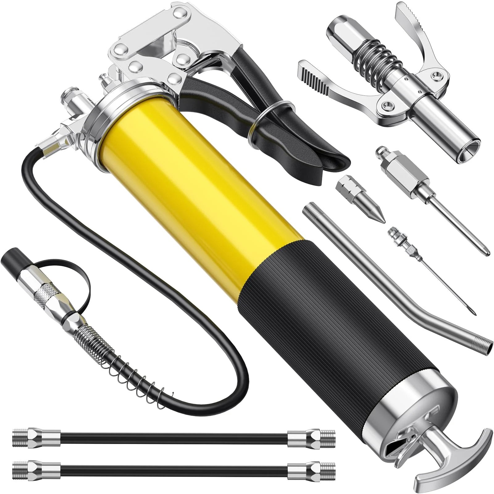 8000 PSI Grease Gun Kit With Leak Proof Pistol Grip And Lock Coupler, 18 Inch Spring Flex Hose, Two Standard Hoses, 14 Ounce Load, Grease Injector, Needle, Coupler, Rigid Pipe And Sharp Nozzle For Smooth Lubrication