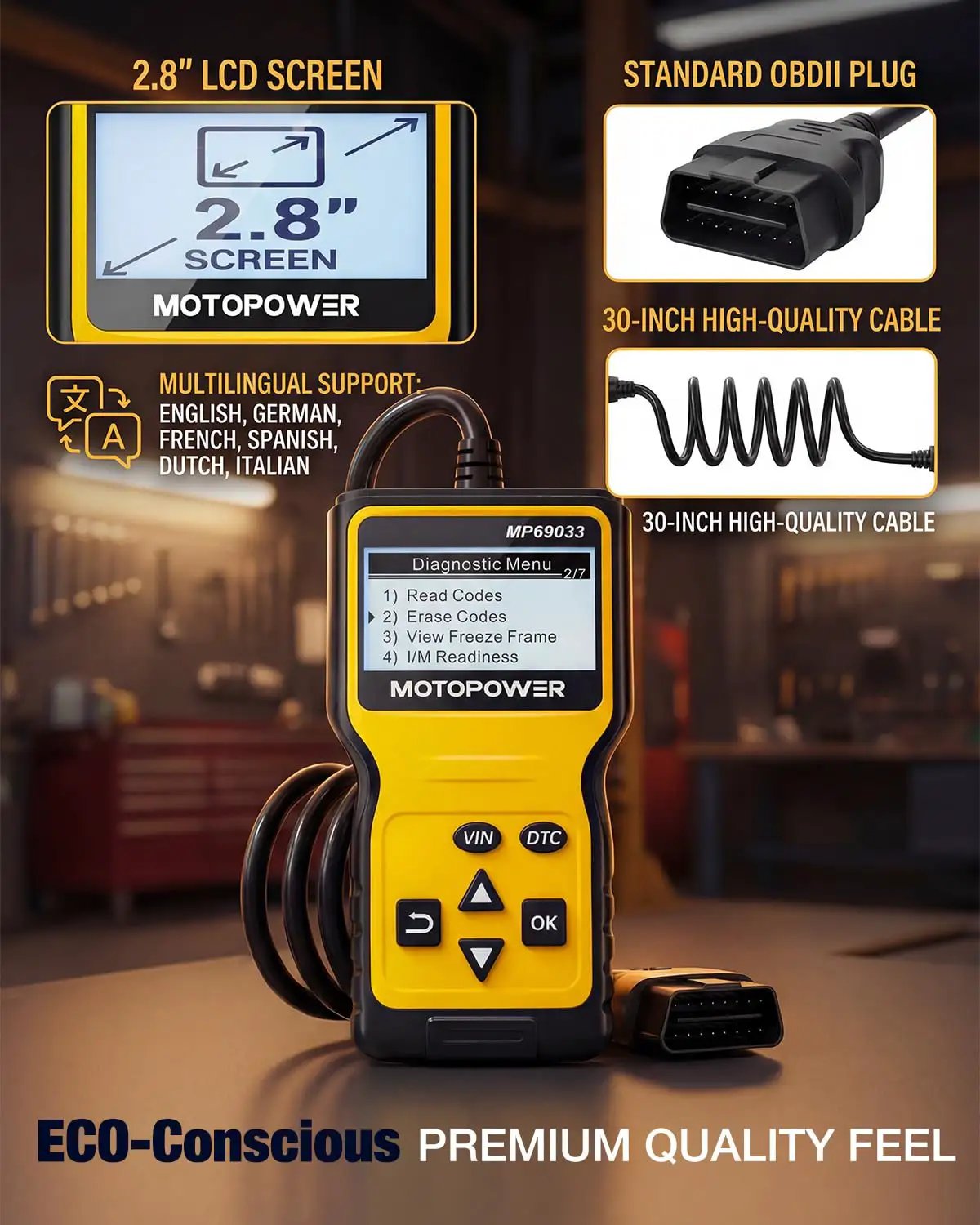 OBD2 Code Reader For All Cars Since 1996 with 2.8-inch LCD screen, standard OBDII plug, and 30-inch cable.