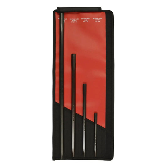 Pro Bearing Race Punch Set 4 Piece Black Oxide Finish Includes Seven Sixteenths Inch, One Half Inch, Nine Sixteenths Inch, and Five Eighths Inch Bearing Race Punches Made in USA Comes in Kit Bag for Automotive and Industrial Bearing Removal