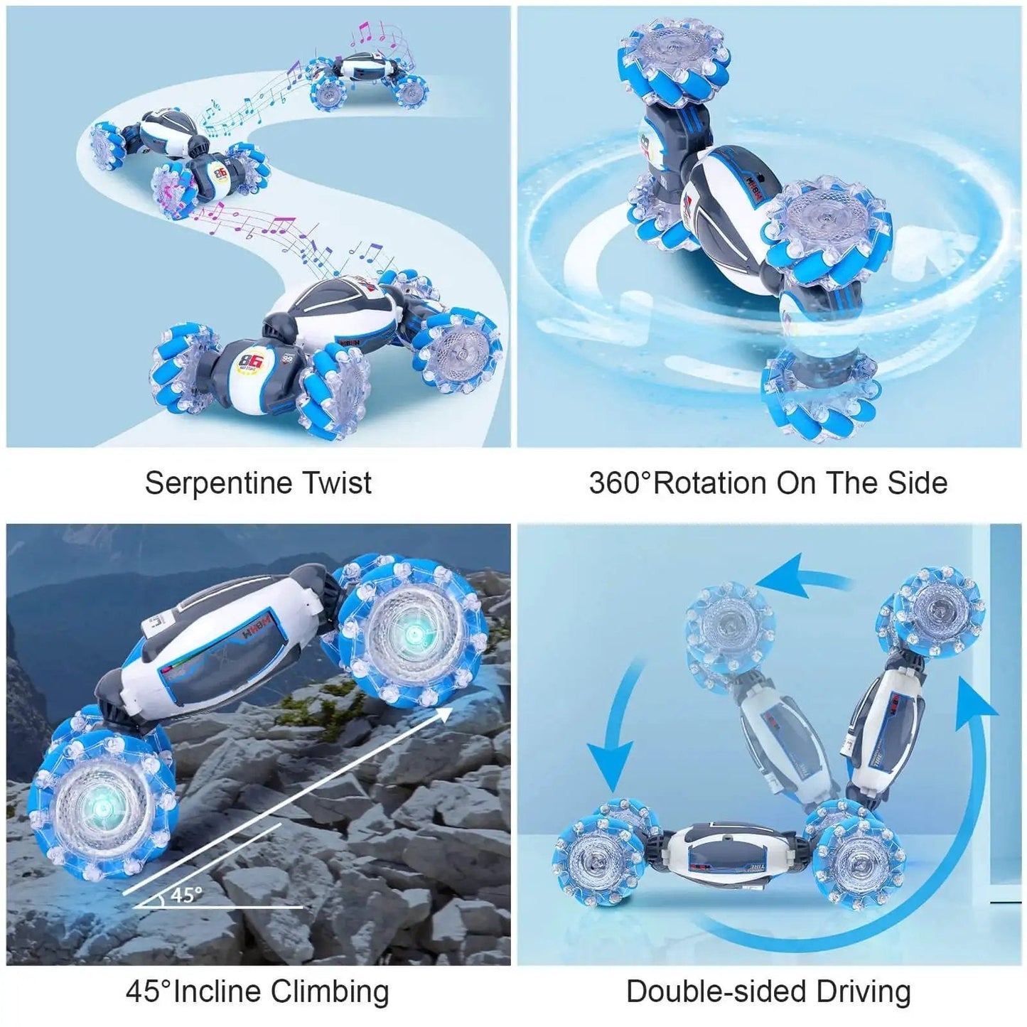 Gesture Sensing RC Stunt Car For Kids And Teens, 360 Degree Spin, Off Road Drifting, shown in multiple stunts with lit wheels and lights