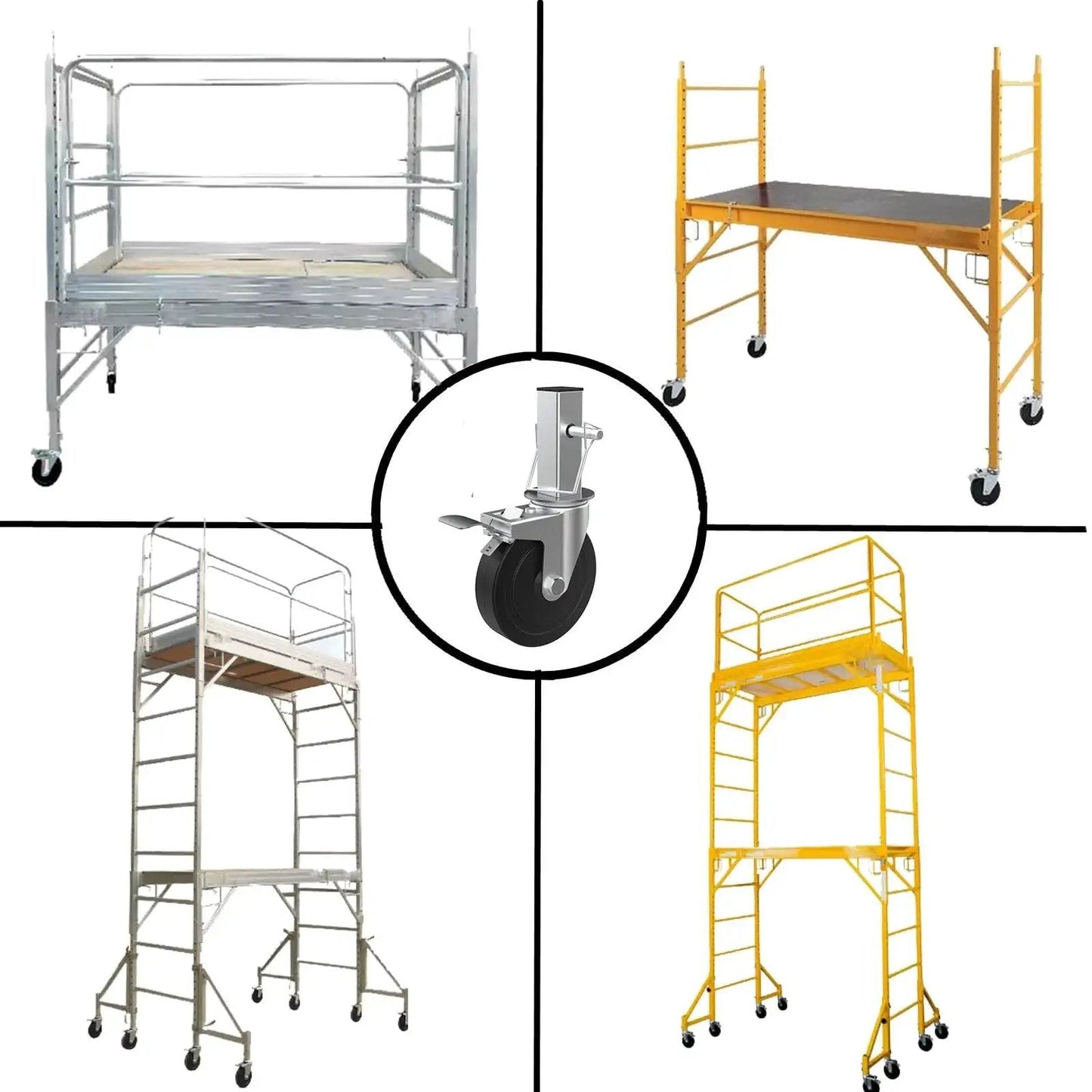 5 Inch Scaffolding Caster Set Of 4 With Heavy Duty Baker Wheels Dual Locking Brakes And Rubber Tires One And A Quarter Inch Square Stem Replacement For Six Foot Baker Scaffolds Each Caster Supports 440 Lbs Easy Swivel And Secure Lock in use with scaffolds.