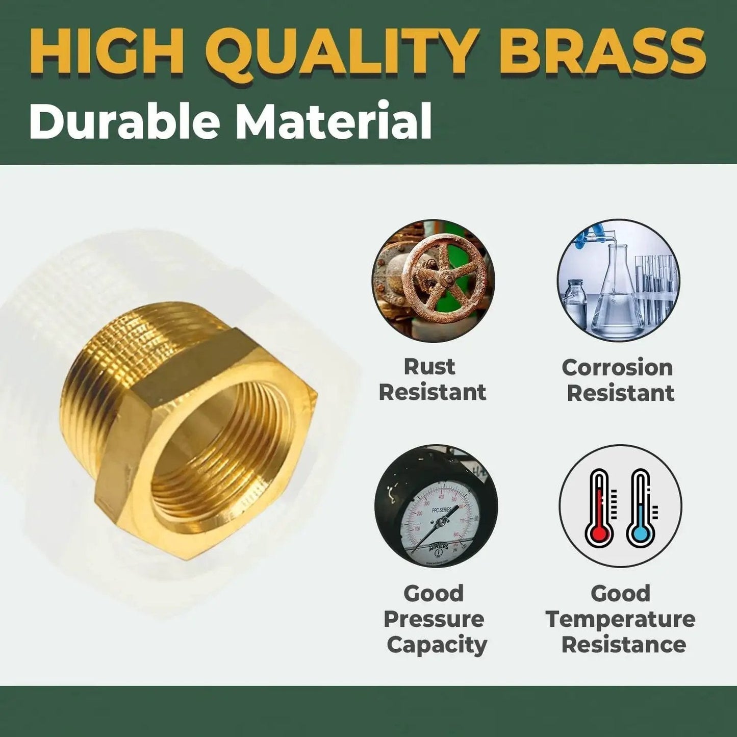 High quality brass hex bushing reducer with corrosion resistance details and temperature icons, Brass Hex Bushing Reducer Set One Half Inch NPT Male To Three Eighth Inch NPT Female 2 Pack With Sealing Tape For Plumbing And Hydraulics Heavy Duty DIY Pipe Fitting Adapter Leak Proof Temperature Range Minus 65 To Two Hundred Fifty Fahrenheit 150 PSI.