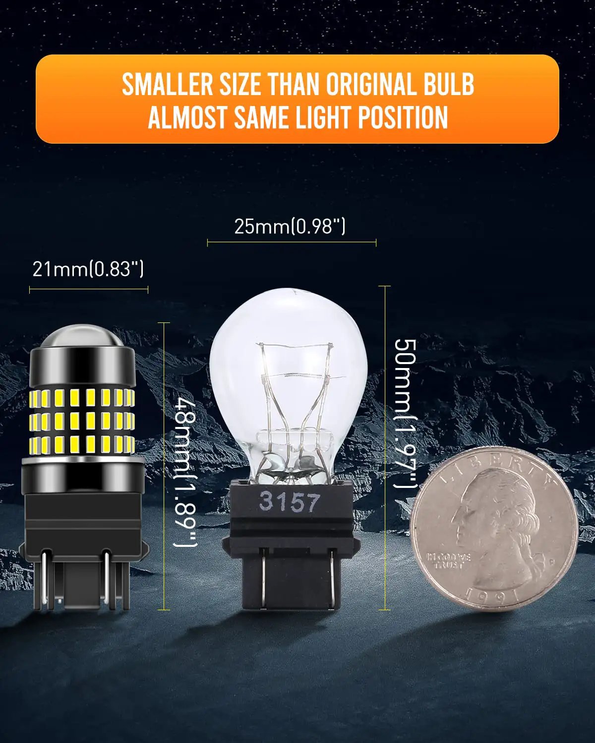 Crazy Bright 3157 LED Bulbs For Back Up Lights Xenon White 6500K 1800 Lumens Pack of 2, size comparison with original bulb and coin.