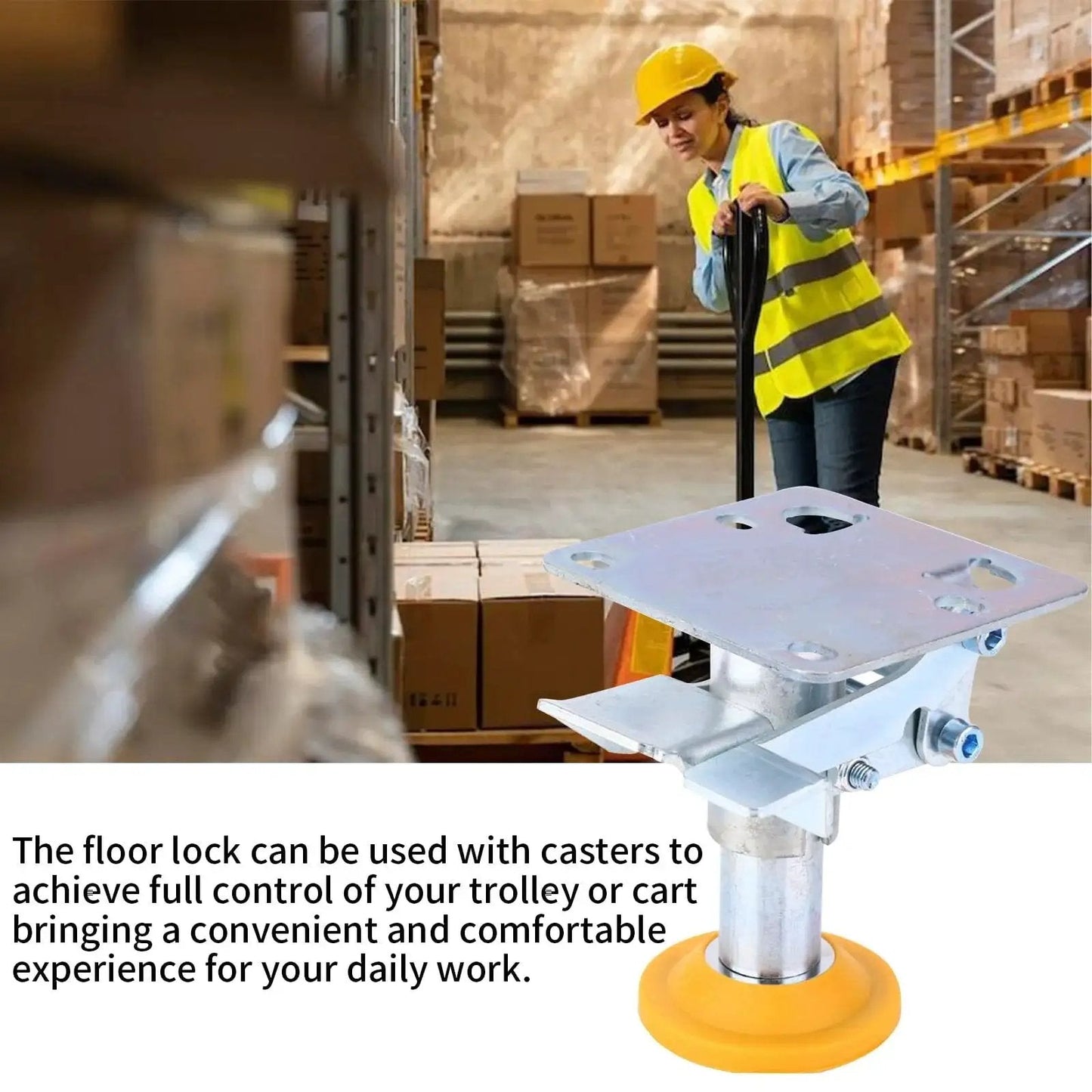 Heavy Duty Floor Lock For Carts With Adjustable Height Trolley Brake in warehouse setting with TPU pad for stability on 3 inch casters.