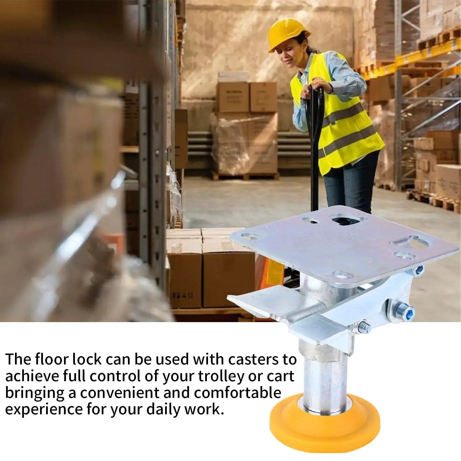 Heavy Duty Floor Lock For Carts With Adjustable Height Trolley Brake in warehouse setting with TPU pad for stability on 3 inch casters.