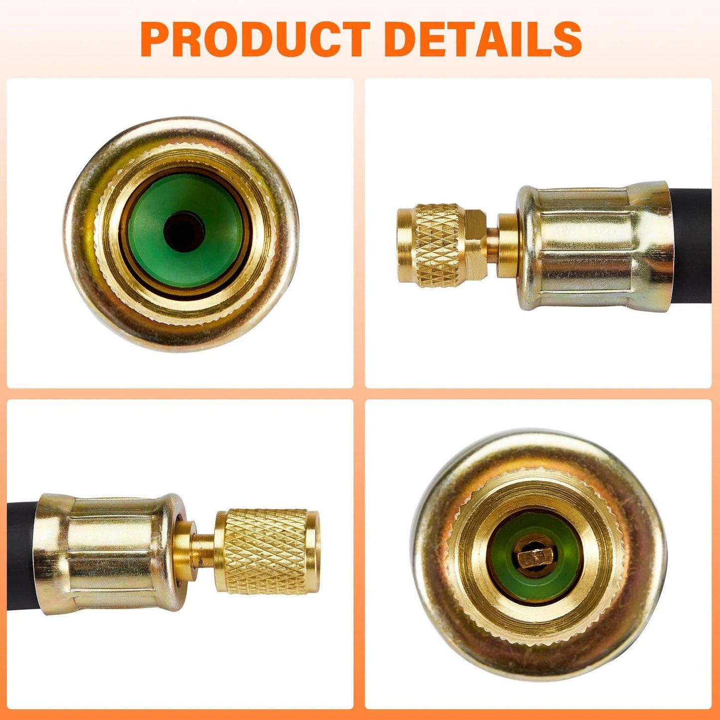 Close-up of brass fittings on the Upgraded One Half Inch HVAC Vacuum Hose With Three Eighths To One Quarter Inch Fittings, High Flow Refrigerant Hose For Faster Evacuation And Recovery, Six Feet Black.