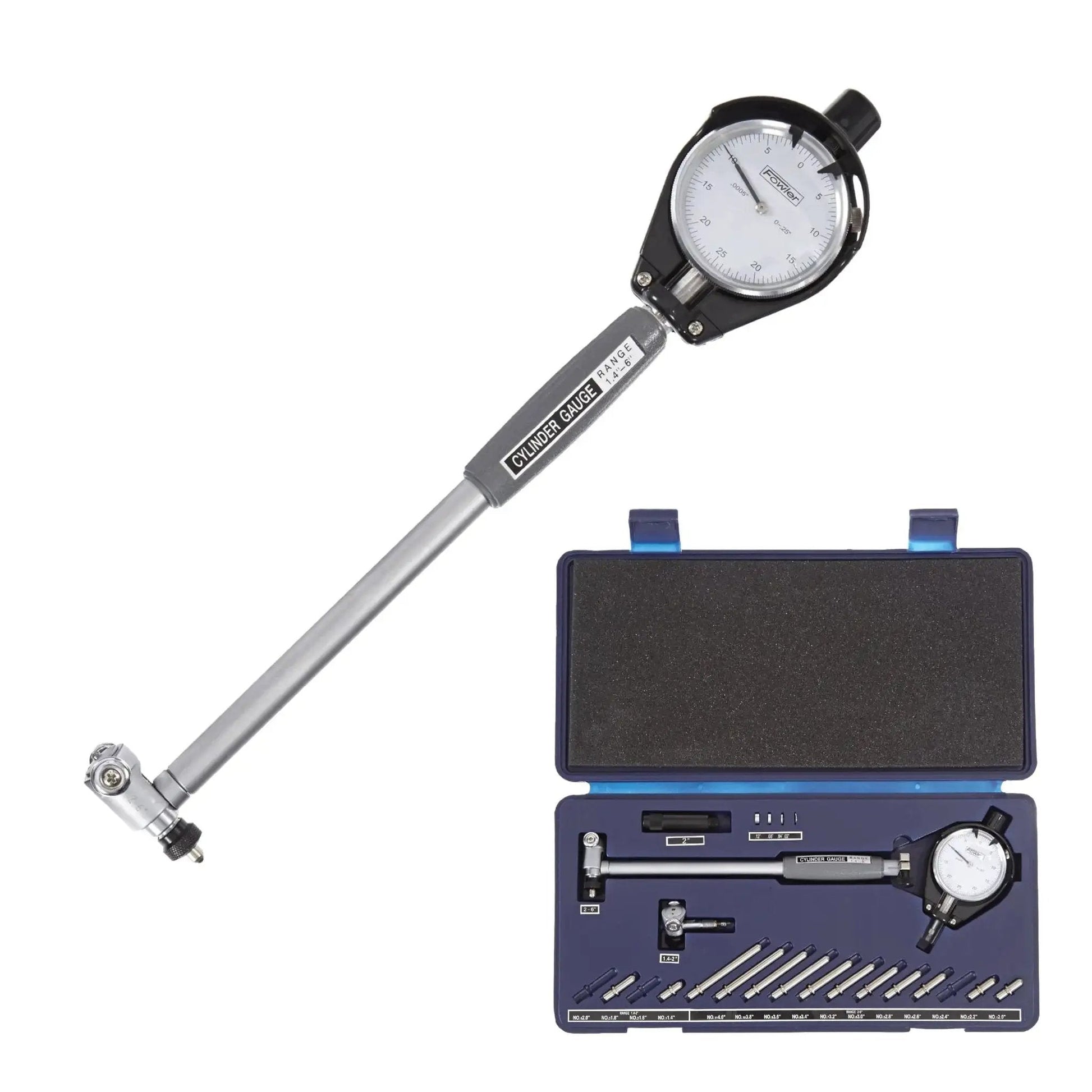 Extender Dial Bore Gage Kit With 1.4 To 6 Inch Measuring Range For Precise Hole Diameter Readings And Geometry Checks, Dial Indicator With 0.0005 Inch Graduations And 9.5 Inch Measuring Depth, Fowler, showing full kit with dial bore gage and accessories in open case