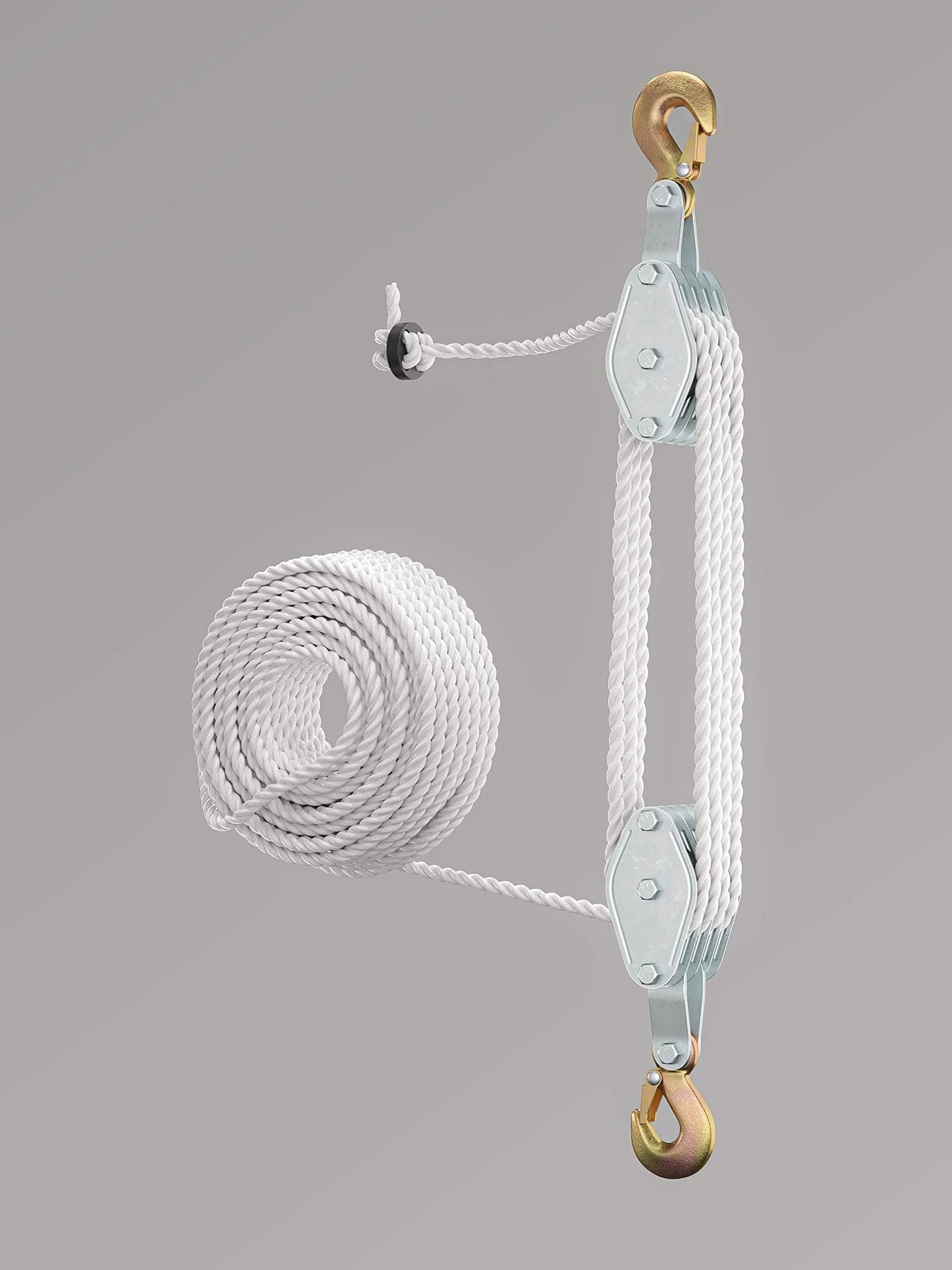 Heavy Duty Block And Tackle Pulley System for lifting heavy objects with 4000 lb breaking strength and 65 feet of three eighths inch rope
