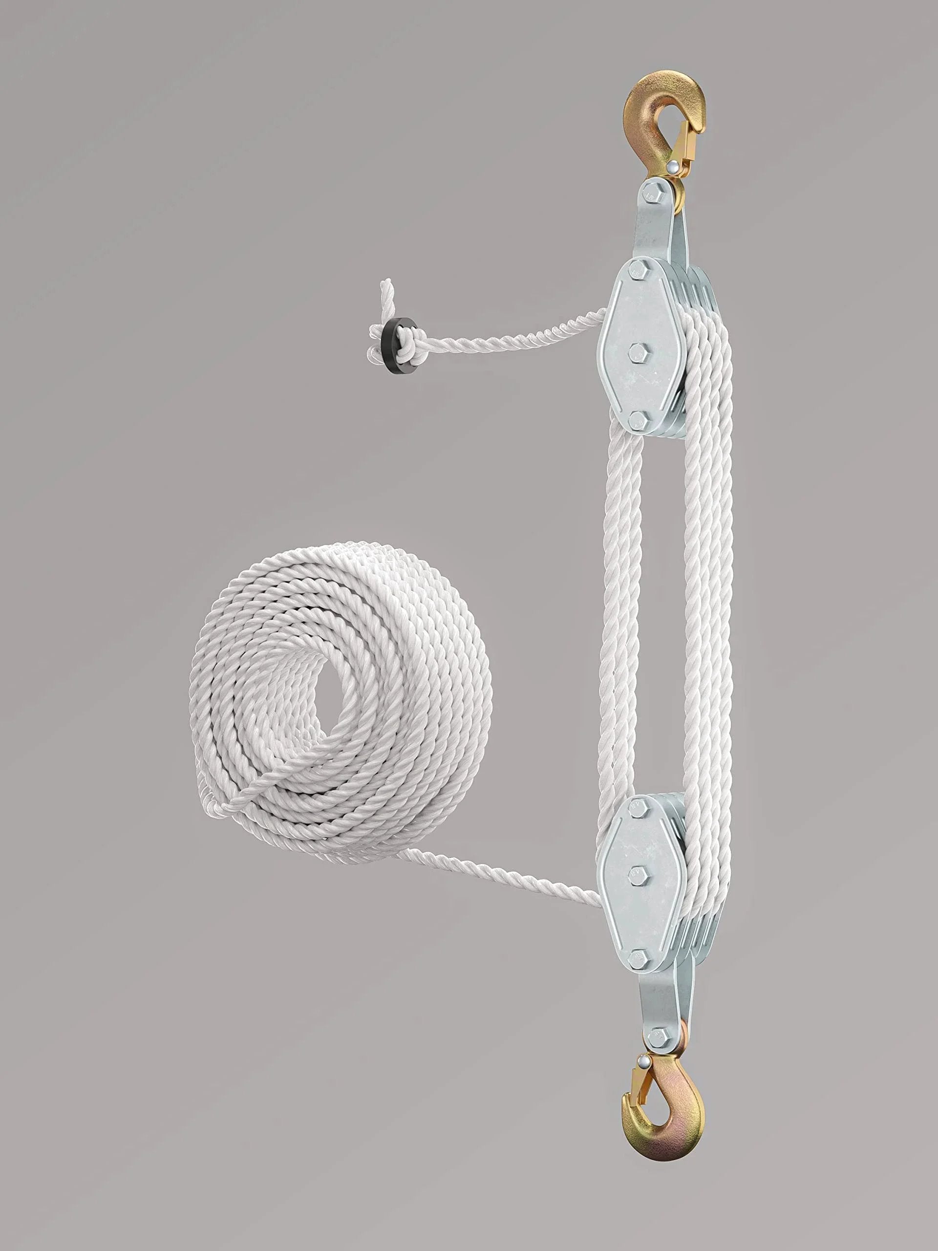 Heavy Duty Block And Tackle Pulley System for lifting heavy objects with 4000 lb breaking strength and 65 feet of three eighths inch rope