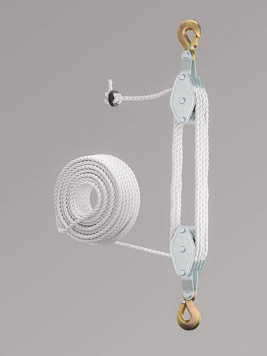 Heavy Duty Block And Tackle Pulley System for lifting heavy objects with 4000 lb breaking strength and 65 feet of three eighths inch rope