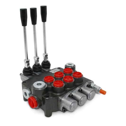 Front view of Three Spool Monoblock Hydraulic Directional Control Valve For Open Center Systems With 21 GPM Flow And 3625 PSI Max