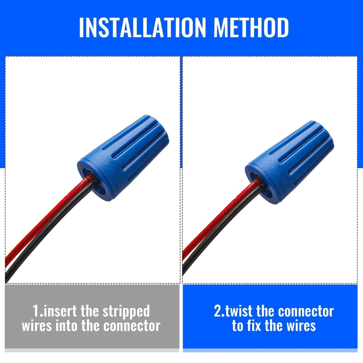 Installation method for 40 Pack Waterproof Outdoor Electrical Connector Kit For Wet Location Wiring And Landscape Wire Splice Connectors.