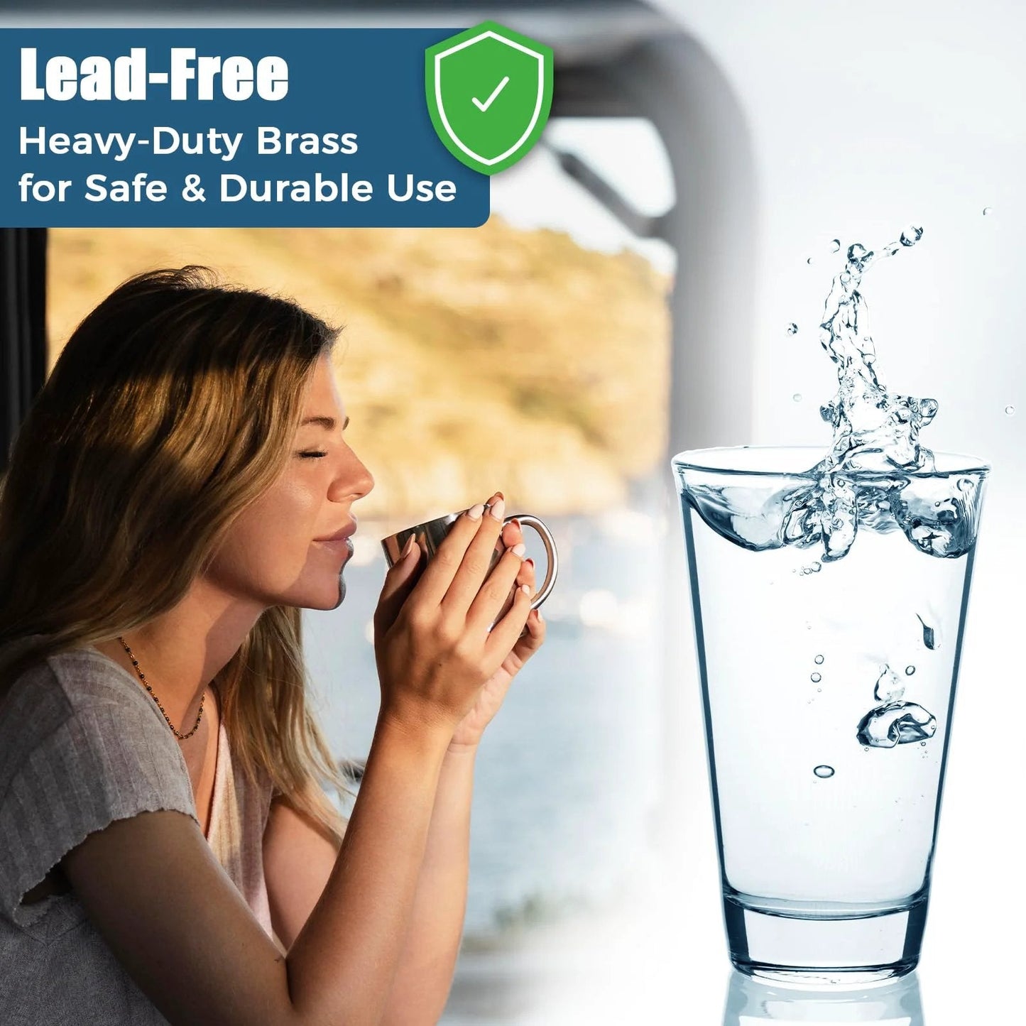 Woman drinking water beside RV with lead-free brass emphasis, showcasing RV Water Pressure Regulator High Flow 40 To 50 PSI With Filter Brass Lead Free And Pre Set Reducer For RV Camper Trailer And Garden Hose Fits Three Quarter Inch Garden Hose Thread SheeChung.