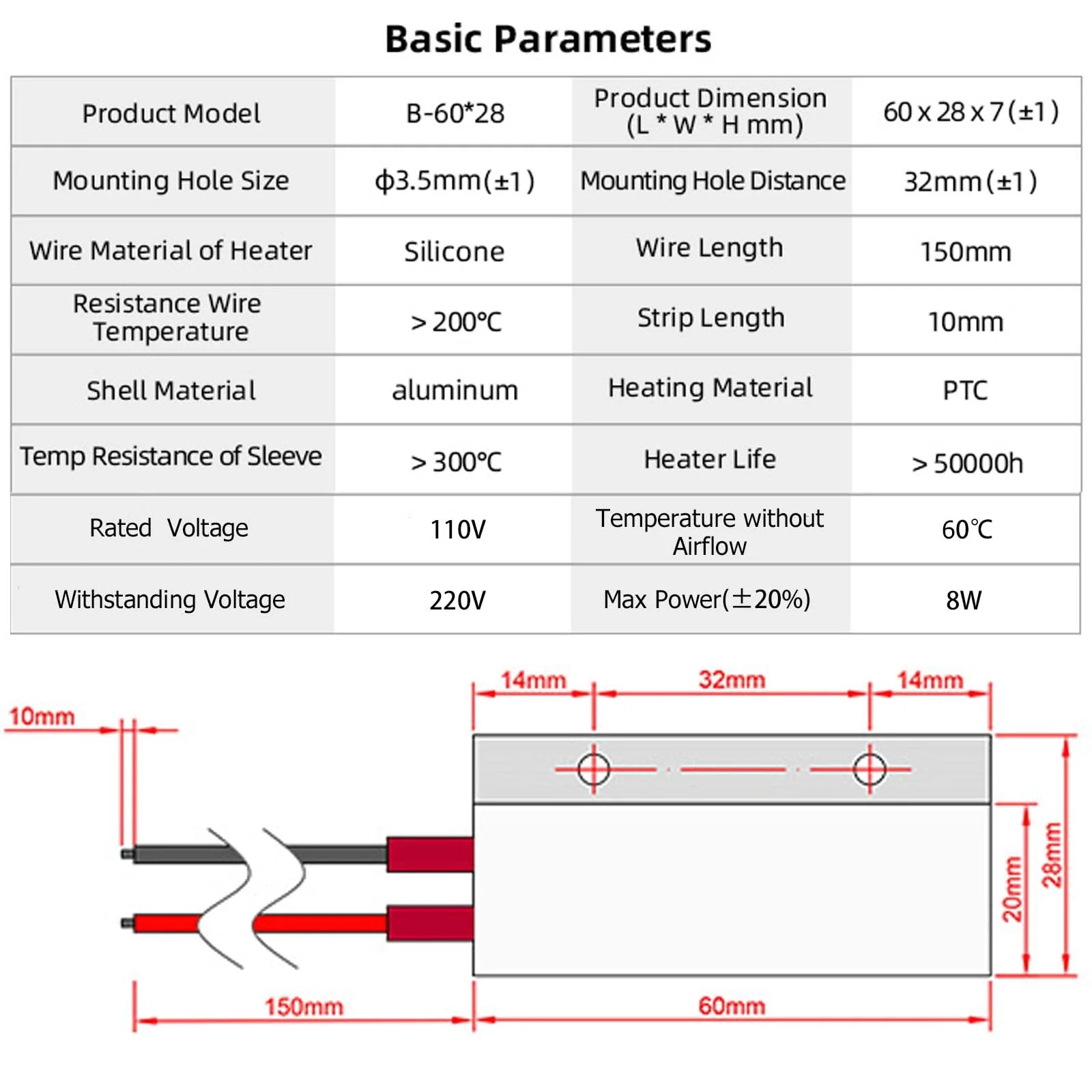 Diagram and specifications of Two Pack 110V PTC Ceramic Heating Plates With Aluminum Shell Insulated Surface Constant Temperature 60C Miniature Heating Tools 2.36 x 1.10 Inches Ideal For DIY Projects