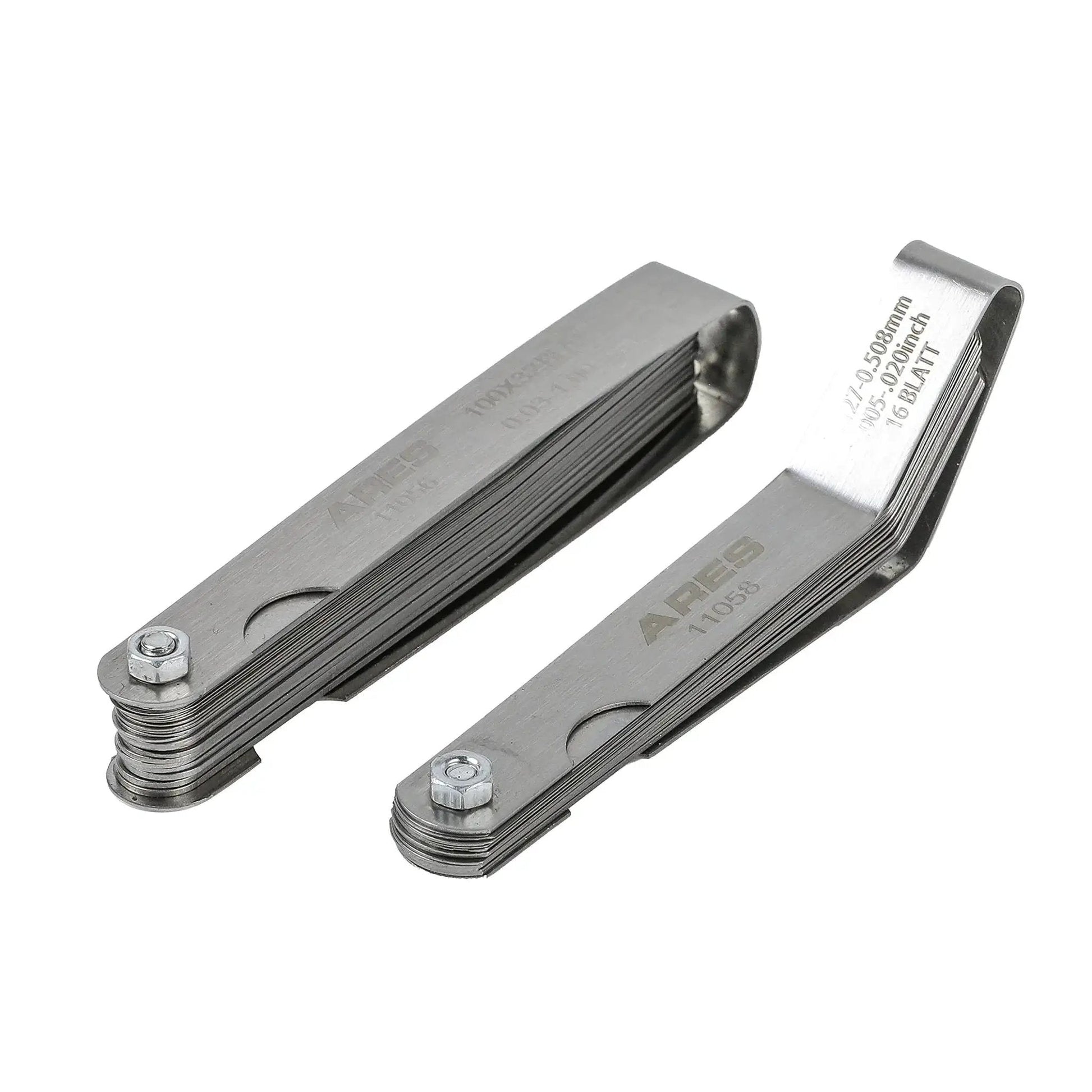Two Piece Tapered And Offset Feeler Gauge Set With 32 Dual Marked SAE And Metric Blades And 16 Offset Blades For Tight Spaces