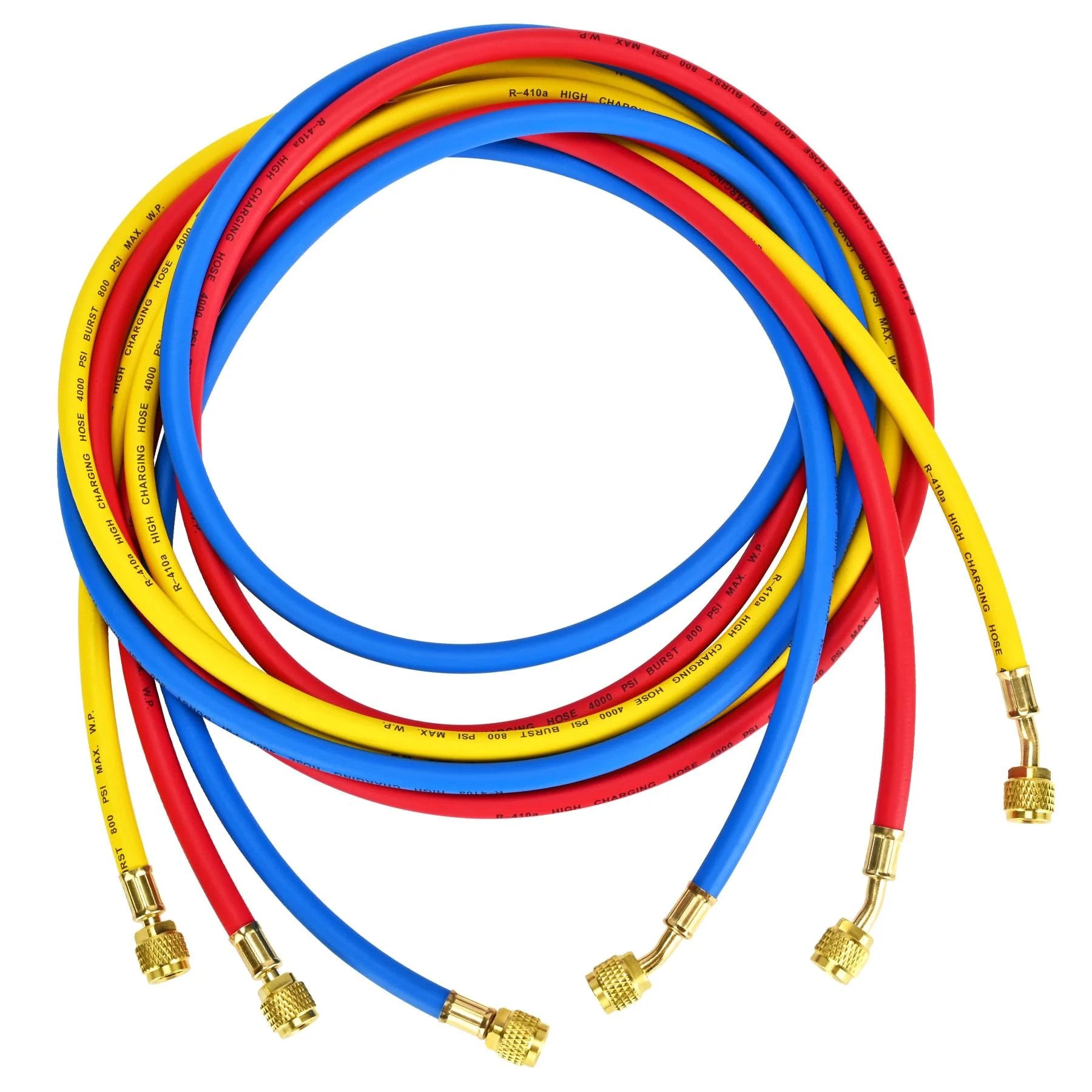 Heavy Duty Refrigerant Charging Hose Set With Color Coded Hoses In Yellow Red And Blue, 96 Inch Long, Standard One Quarter Inch Flare Fittings