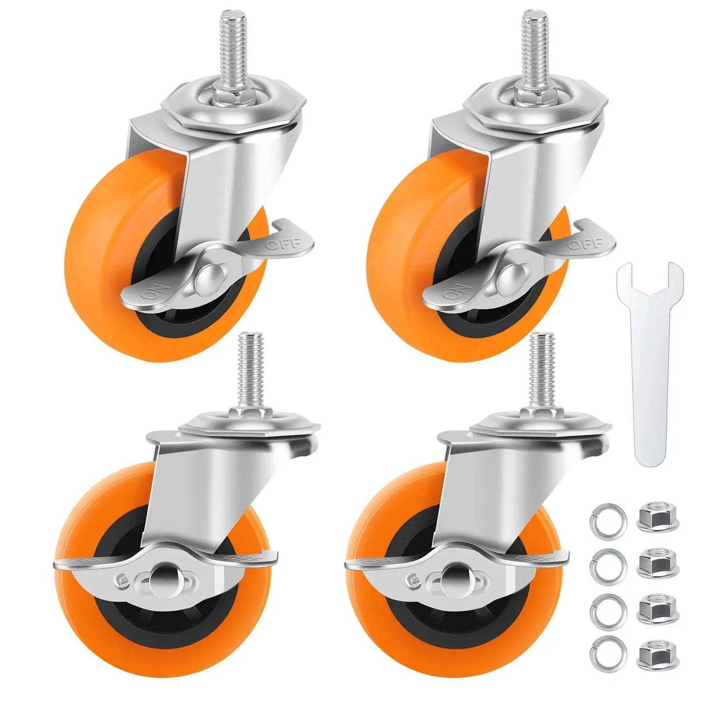 Beefy Heavy Duty 3 Inch Caster Wheels Set Of Four With Locking Swivel Casters And Brakes, nuts, and wrench included