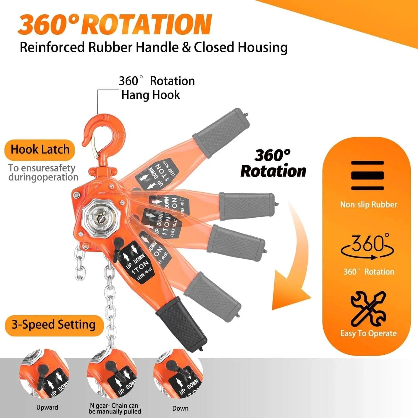 Lever Chain Hoist 1 Ton 3M Chain Length Manual Ratchet Puller Hoist features 360° rotation and reinforced rubber handle
