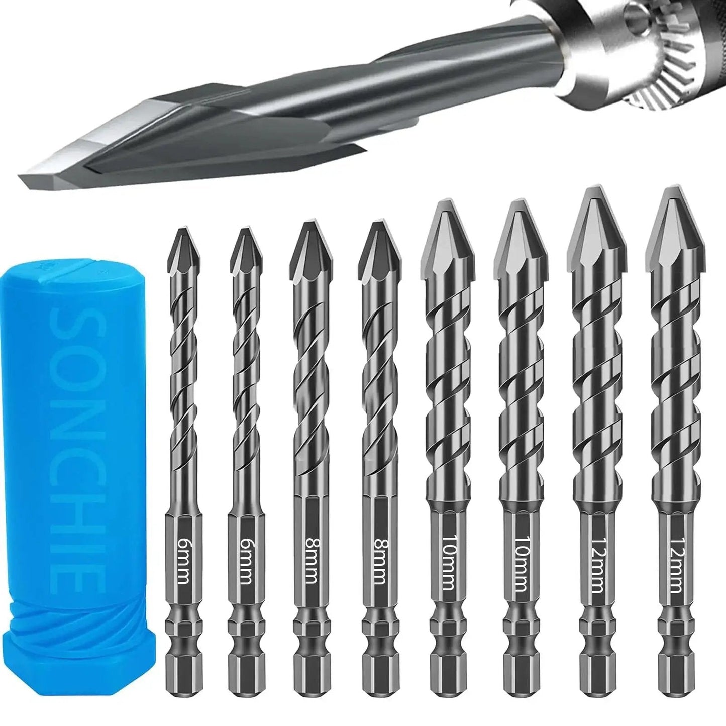 High-Strength Eccentric Twist Drill Bit Set, 8 Pack for Concrete Glass Tile Brick Stone Wood Plastic, Sharp Burr-Free Tips, Fully Polished Bits, Includes Handy Storage Case by SONCHIE