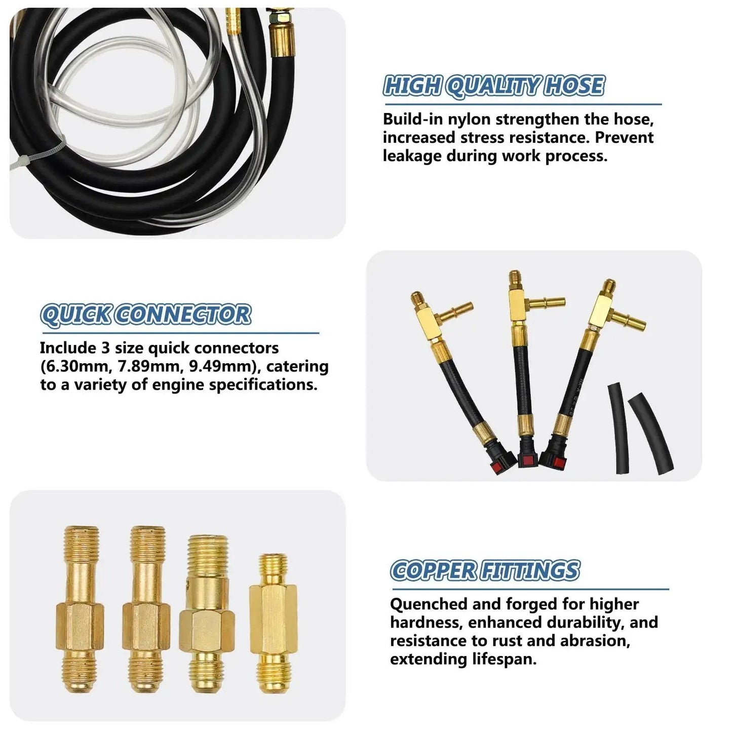 Fuel Injection Pressure Tester Kit With Gauge 0 To 140 PSI And Fittings components with hoses, connectors, and copper fittings.