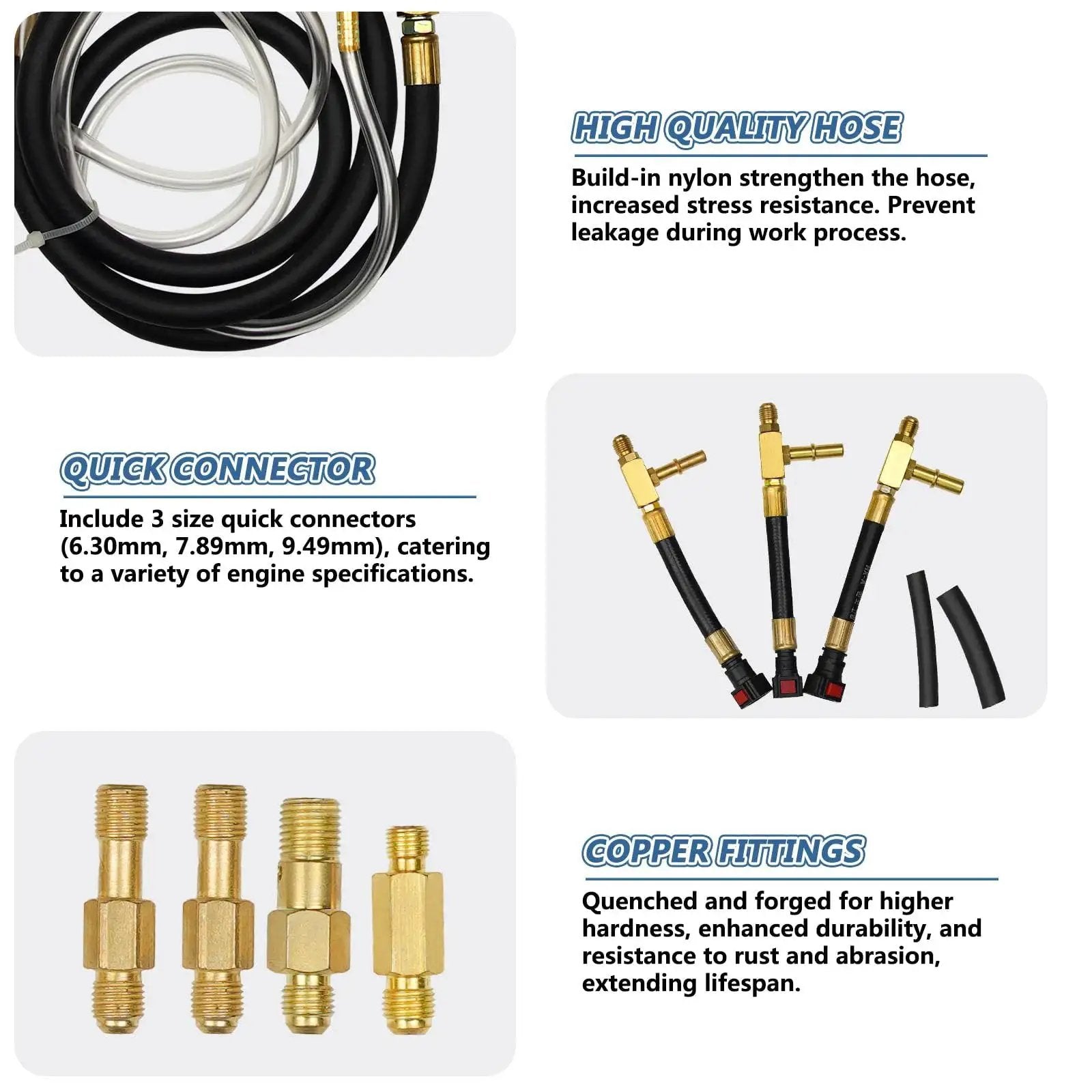 Fuel Injection Pressure Tester Kit With Gauge 0 To 140 PSI And Fittings components with hoses, connectors, and copper fittings.