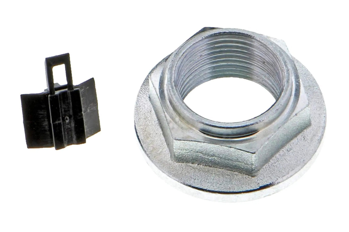 Close-up of a metal wheel hub component with ABS sensor clip for single front wheel hub and bearing assembly with ABS sensor.