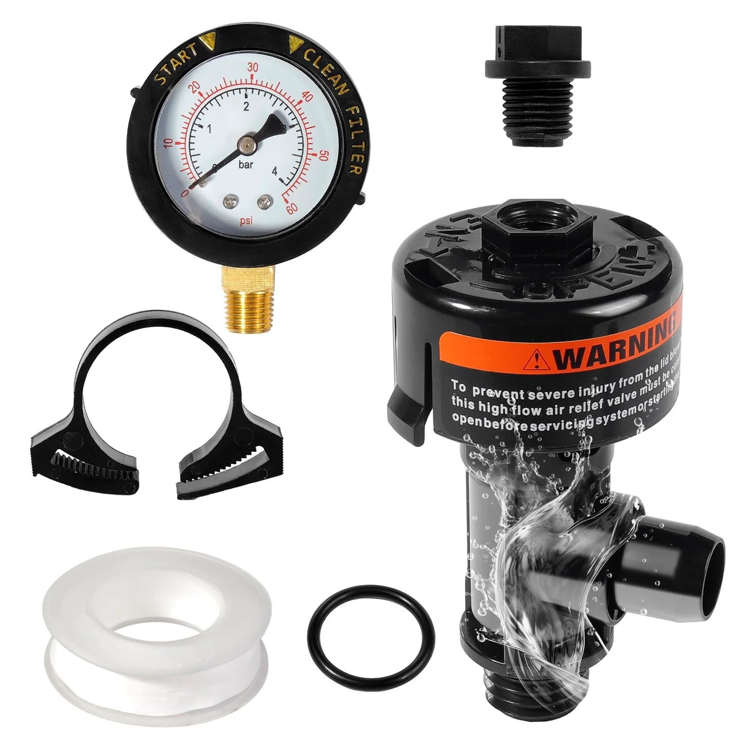 Manual Air Relief Valve Assembly With Pool Filter Pressure Gauge Kit For Pool And Spa Filters Compatible With Pentair Pressure Relief Valve Fit For FNS Clean And Clear Quad DE SMBW 2000 4000 Series, showing valve, gauge, clip, plug, and O-ring