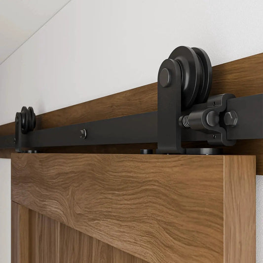 Close-up of installed Five Foot Sliding Barn Door Hardware Kit Heavy Duty With Quiet Smooth Operation And Easy Install Fits Thirty Inch Wide Single Door