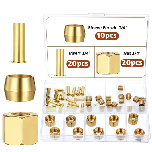 Brass One Quarter Inch Compression Fittings Assortment Kit With Sleeves Ferrules And Nuts For Air Water Fuel Oil And Inert Gases