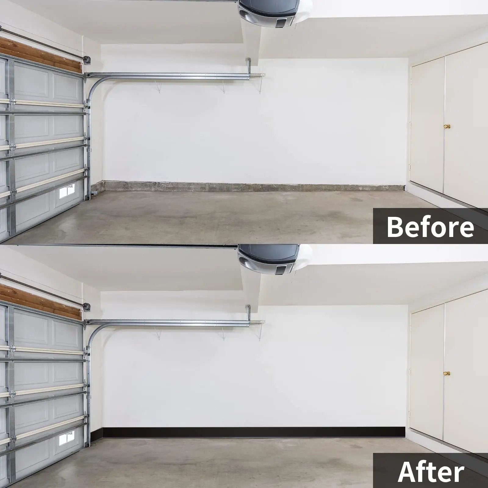 Before and after image showing installation of Self Adhesive Vinyl Baseboard Moulding 4 Inch By 20 Feet Black Peel And Stick.