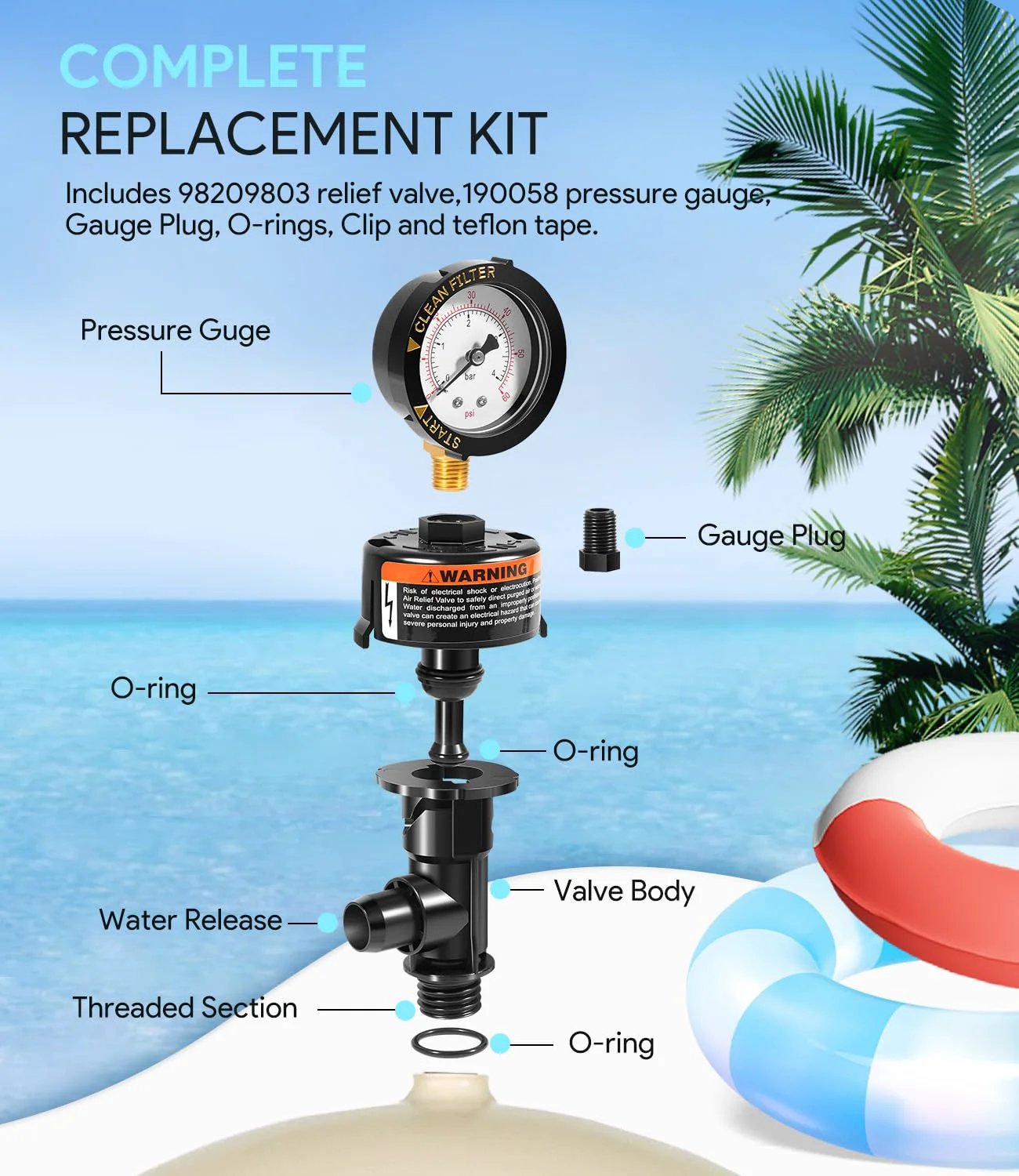 High Flow Manual Relief Valve With Integrated Pressure Gauge For Pool And Spa Cartridge Filters Replacement Kit with parts labeled.