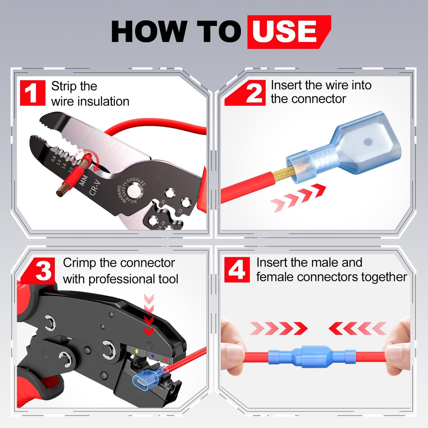 How-to guide for using Blue Nylon Insulated Female Spade Connectors For 16-14 AWG Wires Quick Disconnect Crimp Terminals 100 Pcs Fully Insulated Brass Core Durable Connector Set For Speaker Auto Stereo Wiring No Shorting Risk AIRIC UL Listed, showing step-by-step instructions.