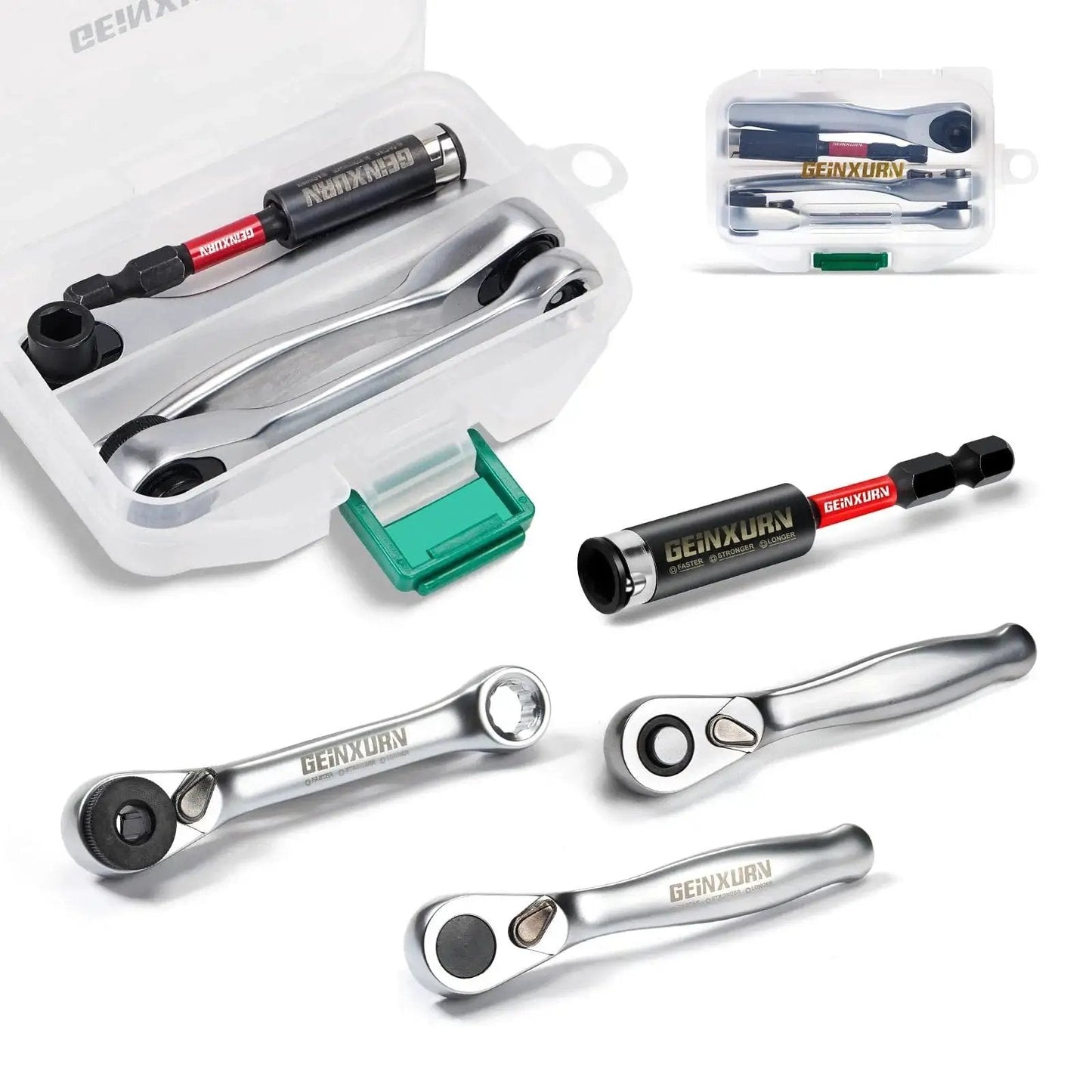 Mini Four Piece One Quarter Inch Drive Ratchet Wrench Set with Seventy Two Tooth Quick Release Reversible Socket and Bit Holder in Case