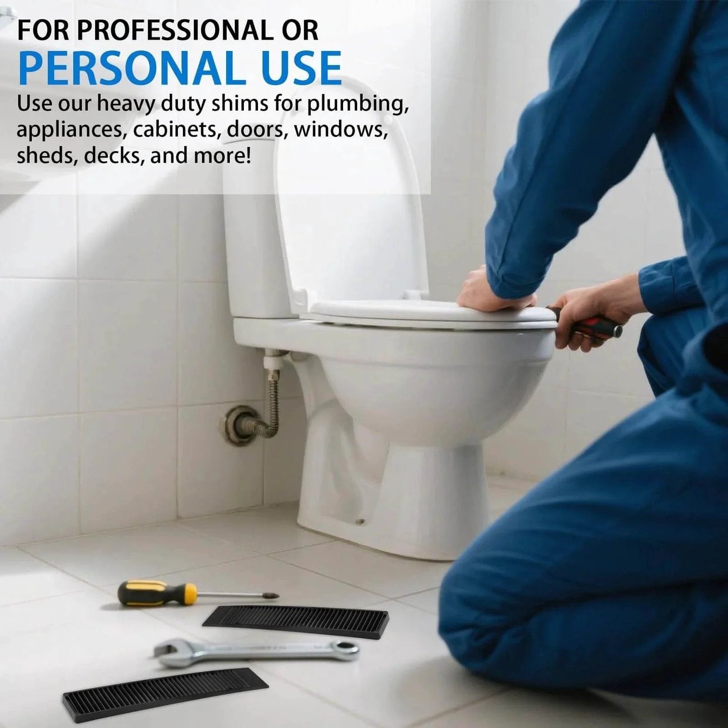 Person using Eight Pack 8 Inch Plastic Composite Shims For Furniture Doors Toilets And Tables With Extreme Load Support, anti-slip.