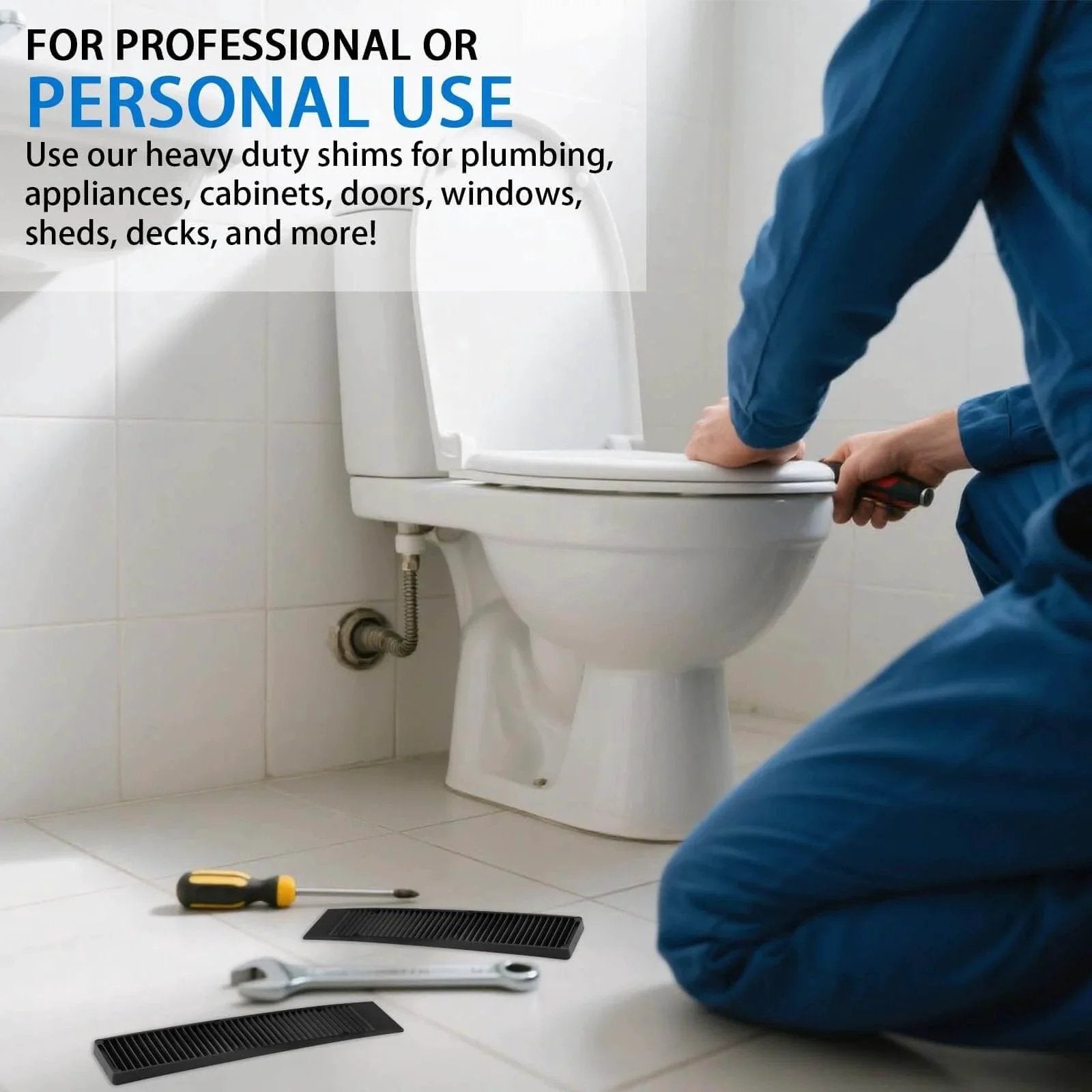 Person using Eight Pack 8 Inch Plastic Composite Shims For Furniture Doors Toilets And Tables With Extreme Load Support, anti-slip.