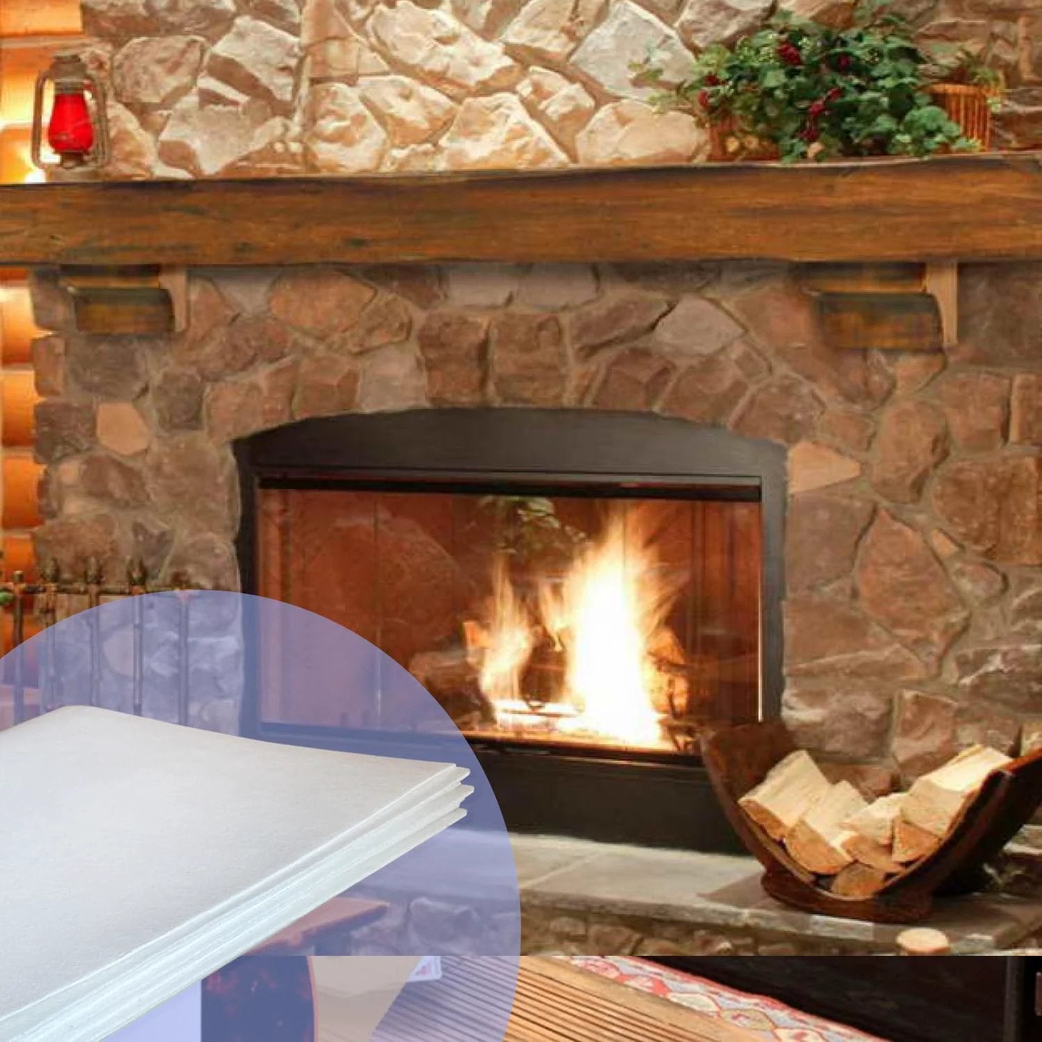 Ceramic Fiber Paper For Kilns And Furnaces, 24 X 33 X 0.08 In White, 3 Pack shown near a lit stone fireplace.