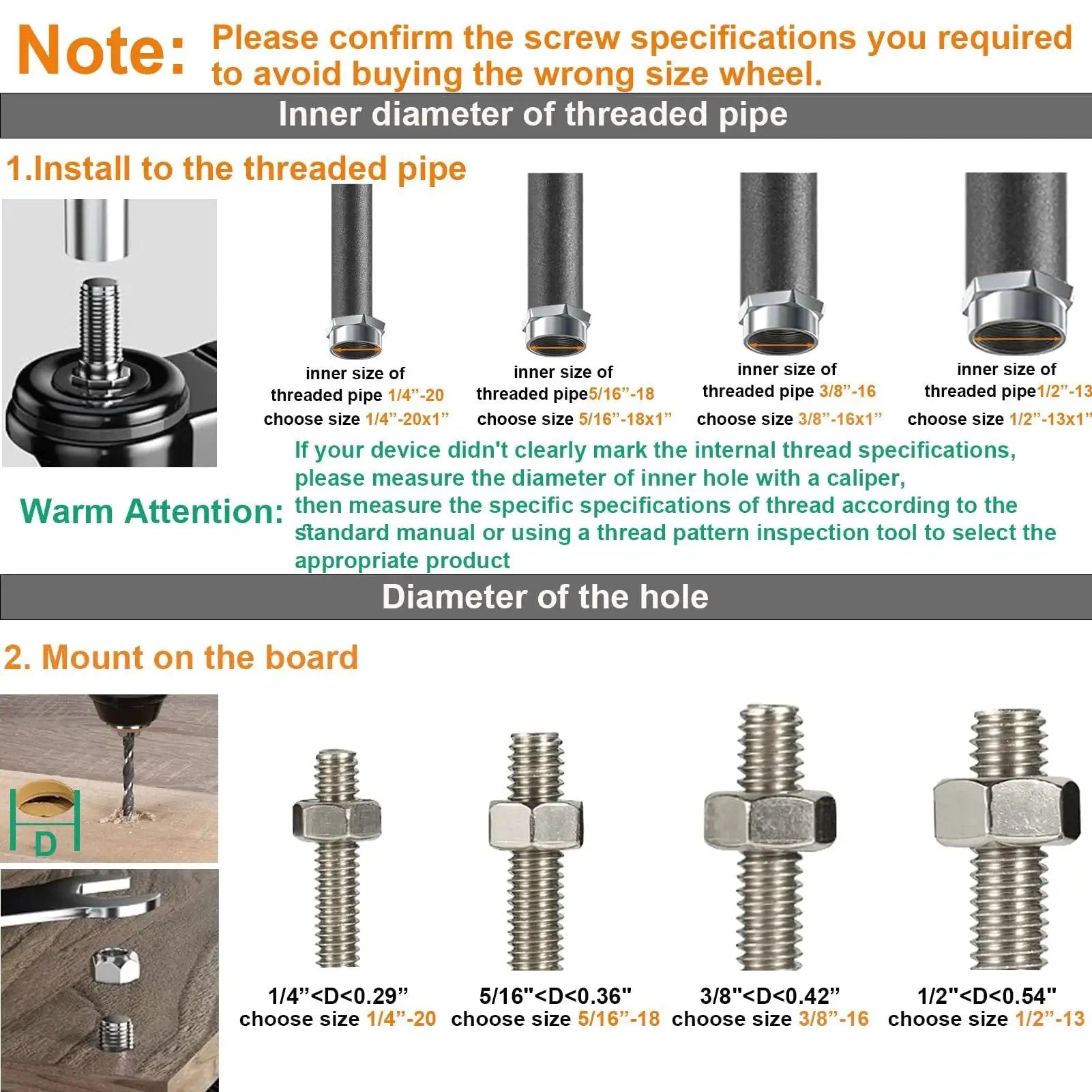 Diagram of screw specifications for mounting Four Inch Stem Caster Wheels Set Of Four Heavy Duty With Half Inch 13 UNC X 1 Threaded Stem Dual Lock Brakes Industrial Castors For Cart And Furniture 2000 Lbs Capacity Per Caster Ideal For Mobile Carts And Industrial Equipment Use.